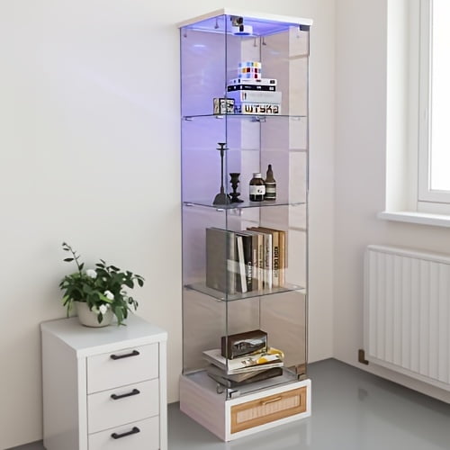 Modern Glass Display Cabinet with Drawer , Quick-assembly Antique Cabinet with LED lights, Tempered Glass Bookshelf, 1-Door Storage Case with 4 Shelves for Living Room and Bedroom, white and natural