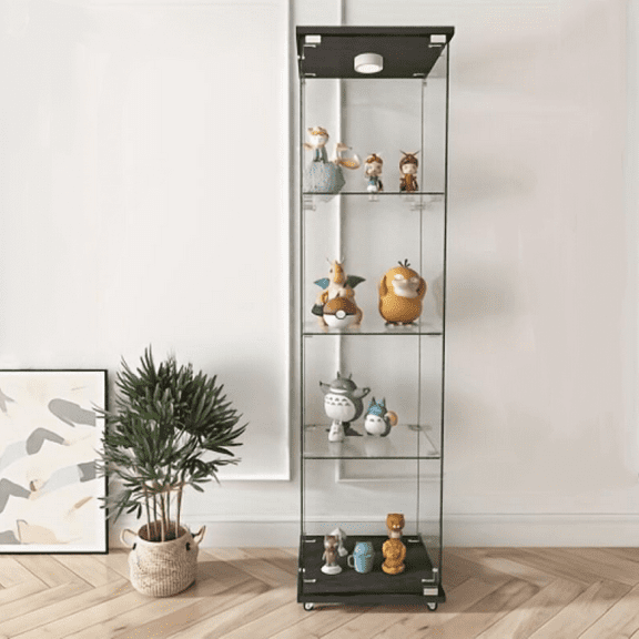 Modern Glass Display Cabinet with LED lights, Quick-assembly Antique Cabinet, Tempered Glass Bookshelf, Suitable for Living Room and Bedrooms, 1-door 4-shelf, Black