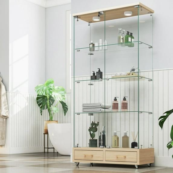 Modern Glass Display Cabinet with LED Lighting & 4-Tier Tempered Glass Shelving - Space-Saving Storage for Living Room Collectibles & Bedroom Decor