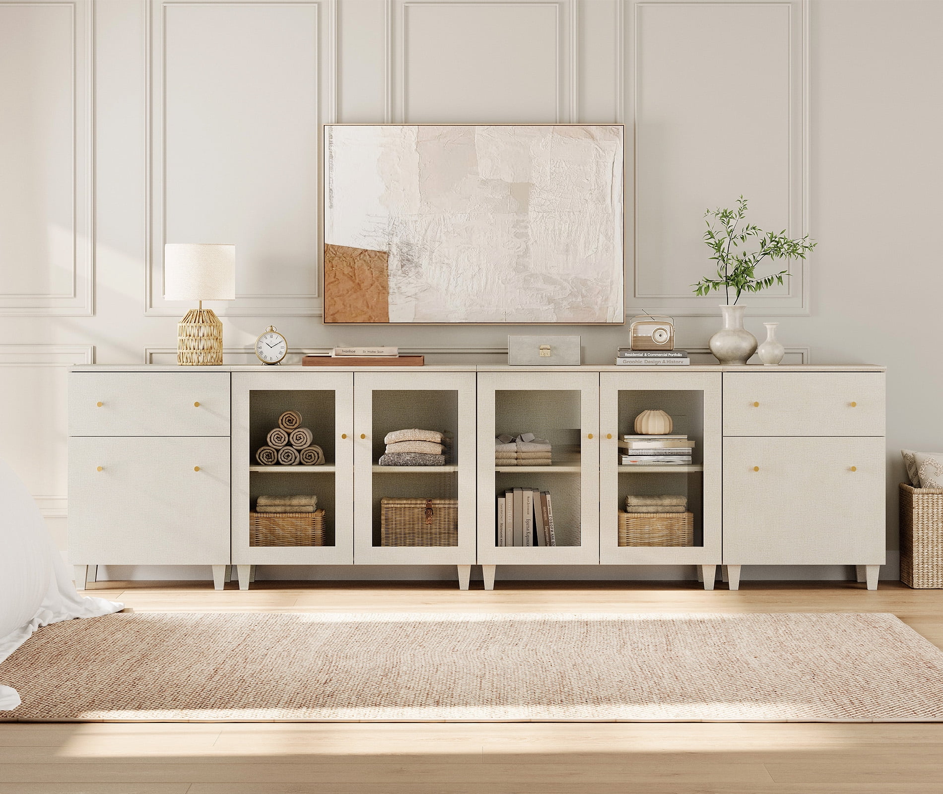 Modern Glass‑Door Combo Dresser, Bedroom Modular Organizer – 2 Drawers, 4 Adjustable Shelves, Anti‑Tip, Beige, 118" W