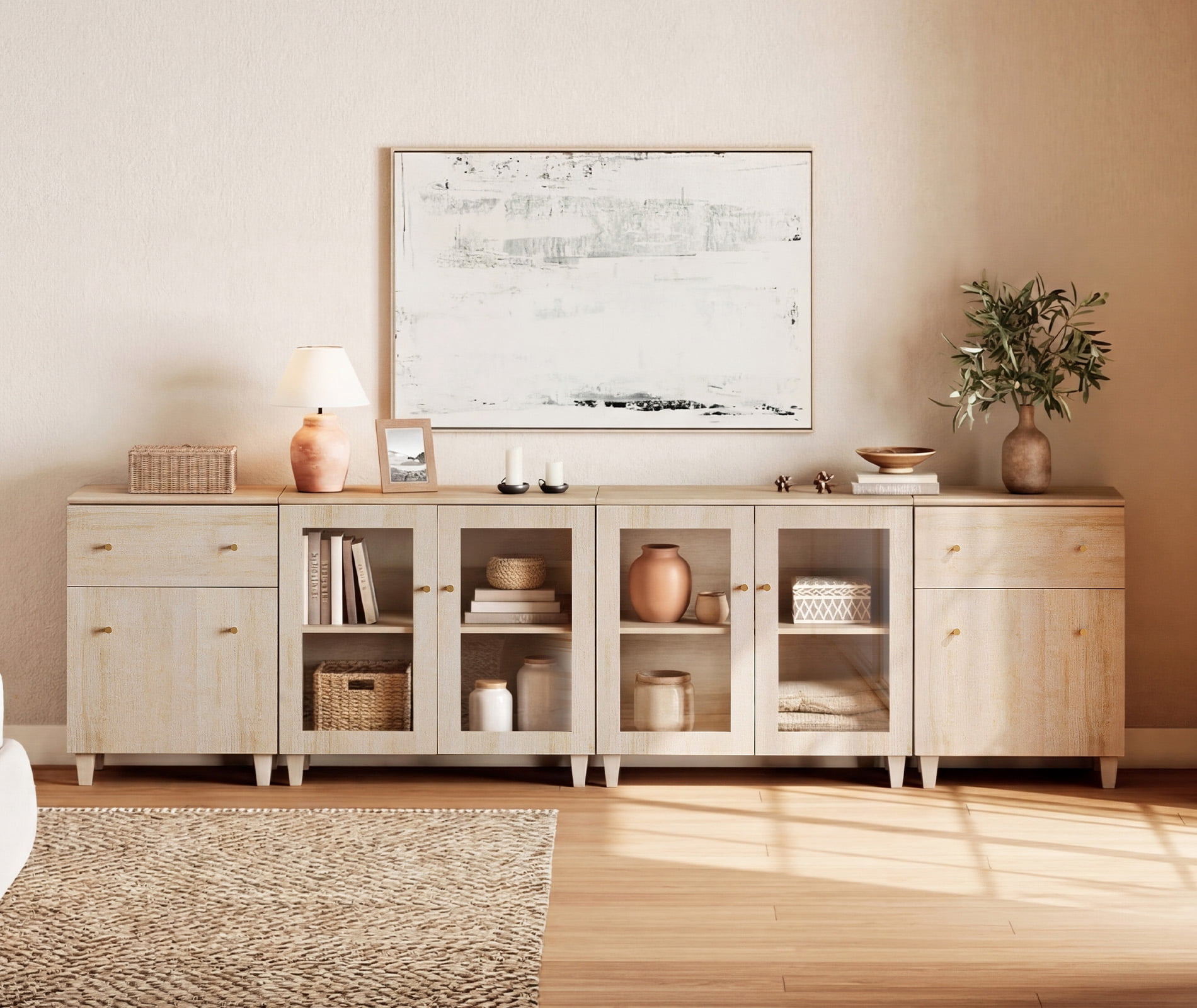 Modern Glass‑Door Combo Dresser, Bedroom Modular Organizer – 2 Drawers, 4 Adjustable Shelves, Anti‑Tip, Light Oak, 118" W