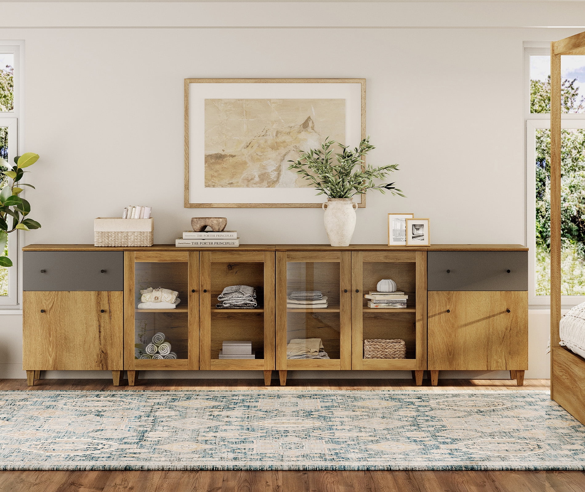 Modern Glass‑Door Combo Dresser, Bedroom Modular Organizer – 2 Drawers, 4 Adjustable Shelves, Anti‑Tip, Oak Brown, 118" W