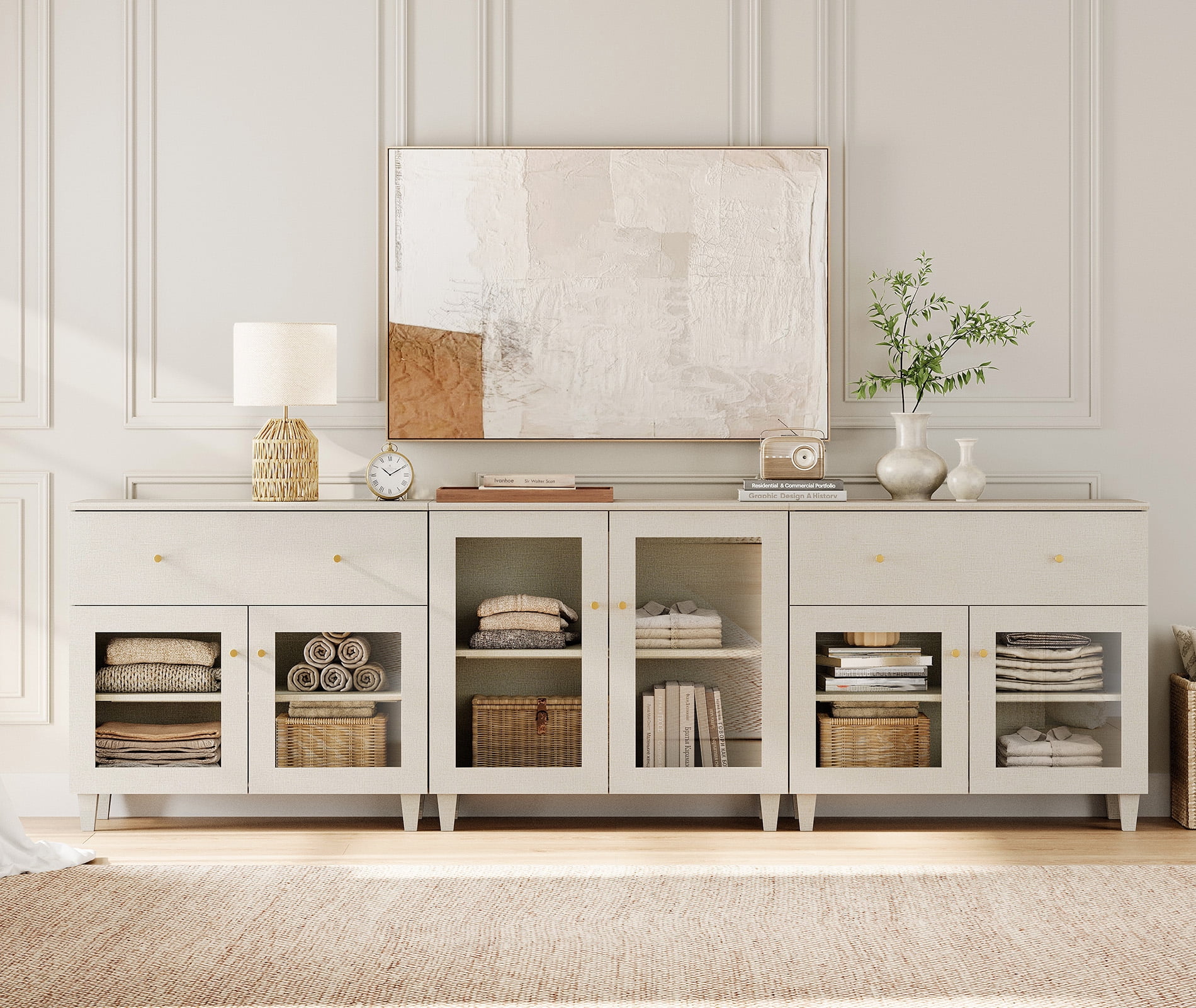 Modern Glass‑Door Combo Dresser, Bedroom Modular Organizer – 2 Wide Drawers, 1 Adjustable Shelf & 2 Fixed Shelves, Anti‑Tip, Beige, 106" W