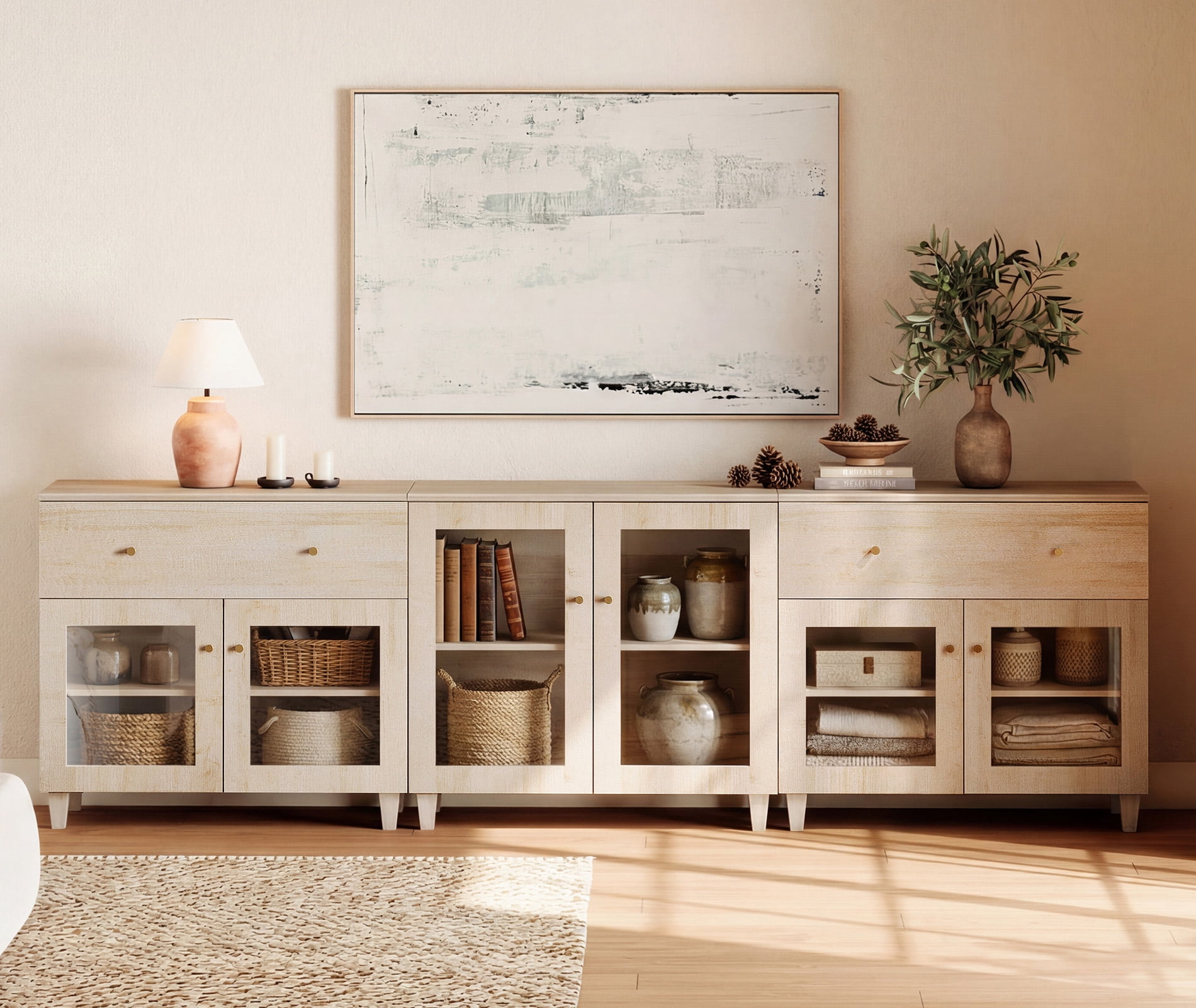 Modern Glass‑Door Combo Dresser, Bedroom Modular Organizer – 2 Wide Drawers, 1 Adjustable Shelf & 2 Fixed Shelves, Anti‑Tip, Light Oak, 106" W