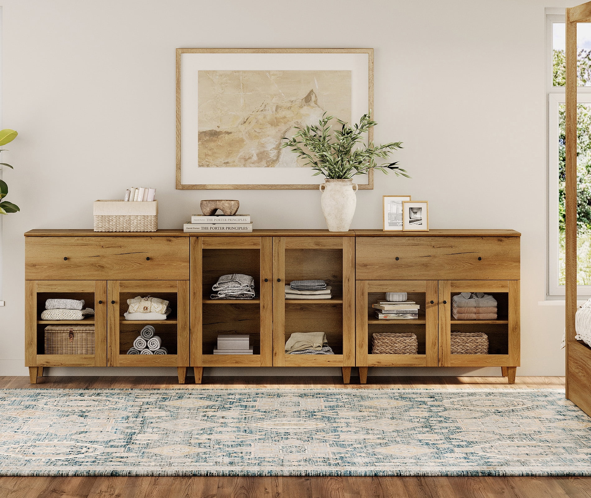 Modern Glass‑Door Combo Dresser, Bedroom Modular Organizer – 2 Wide Drawers, 1 Adjustable Shelf & 2 Fixed Shelves, Anti‑Tip, Oak Brown, 106" W