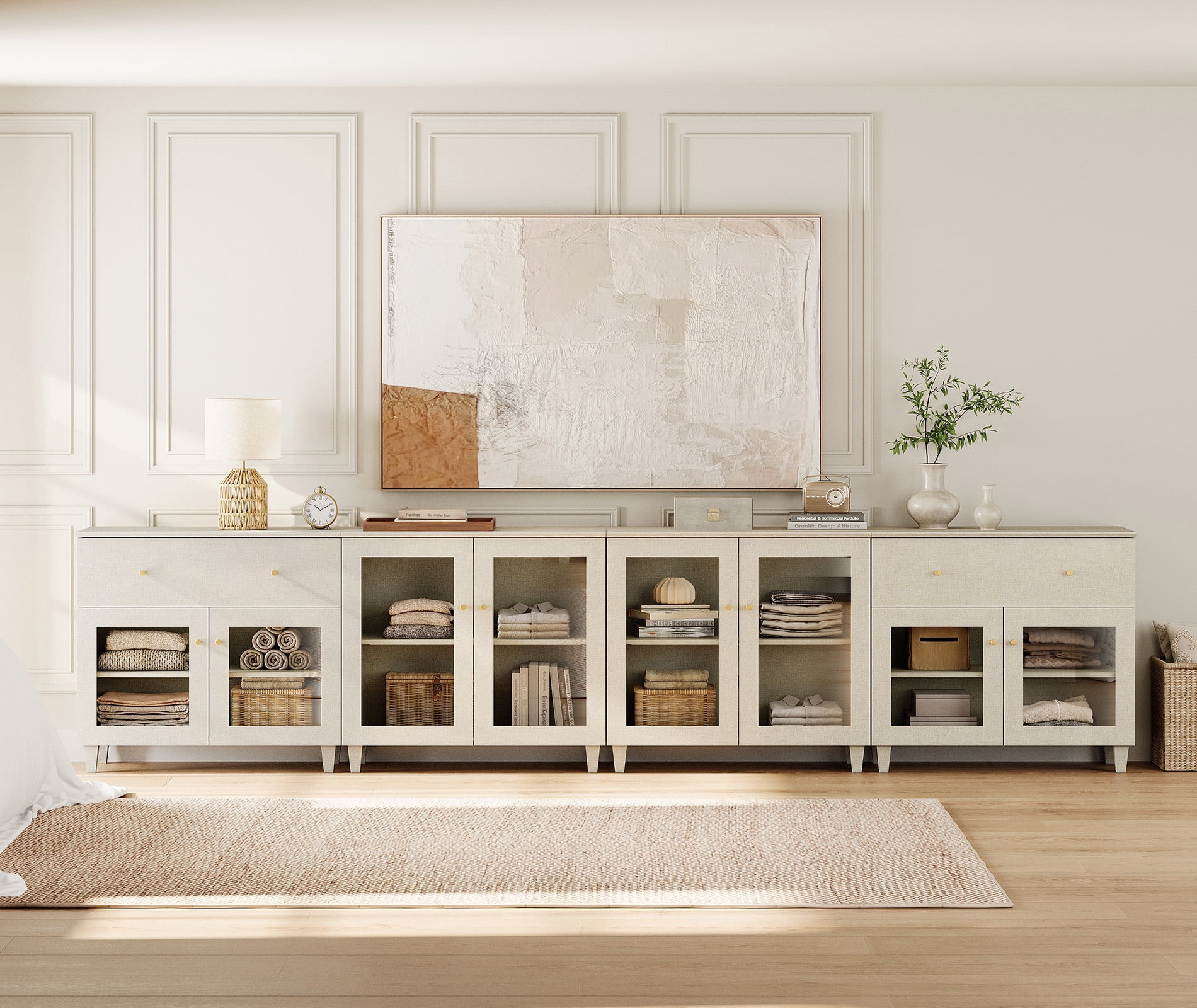 Modern Glass‑Door Combo Dresser, Bedroom Modular Organizer – 2 Wide Drawers, 2 Adjustable Shelf & 2 Fixed Shelves, Anti‑Tip, Beige, 142" W