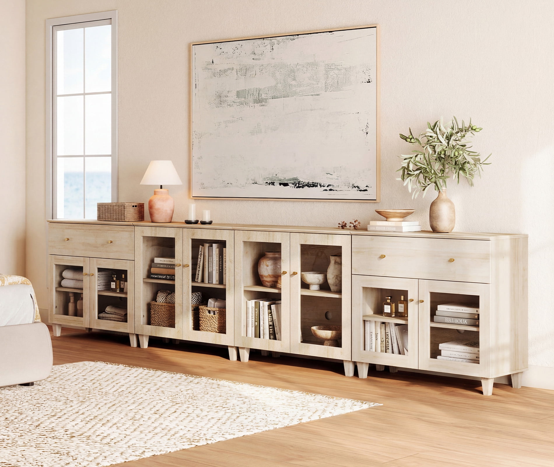 Modern Glass‑Door Combo Dresser, Bedroom Modular Organizer – 2 Wide Drawers, 2 Adjustable Shelf & 2 Fixed Shelves, Anti‑Tip, Light Oak, 142" W