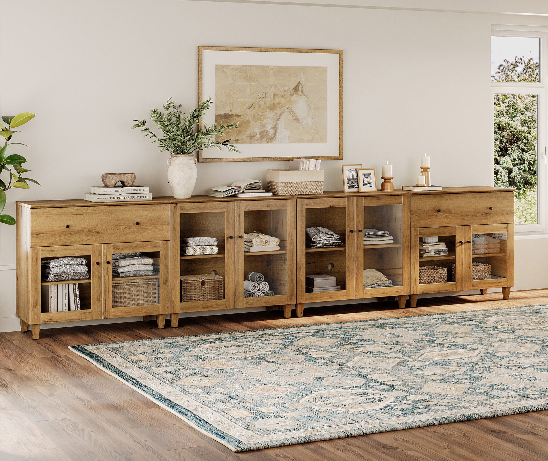 Modern Glass‑Door Combo Dresser, Bedroom Modular Organizer – 2 Wide Drawers, 2 Adjustable Shelf & 2 Fixed Shelves, Anti‑Tip, Oak Brown, 142" W
