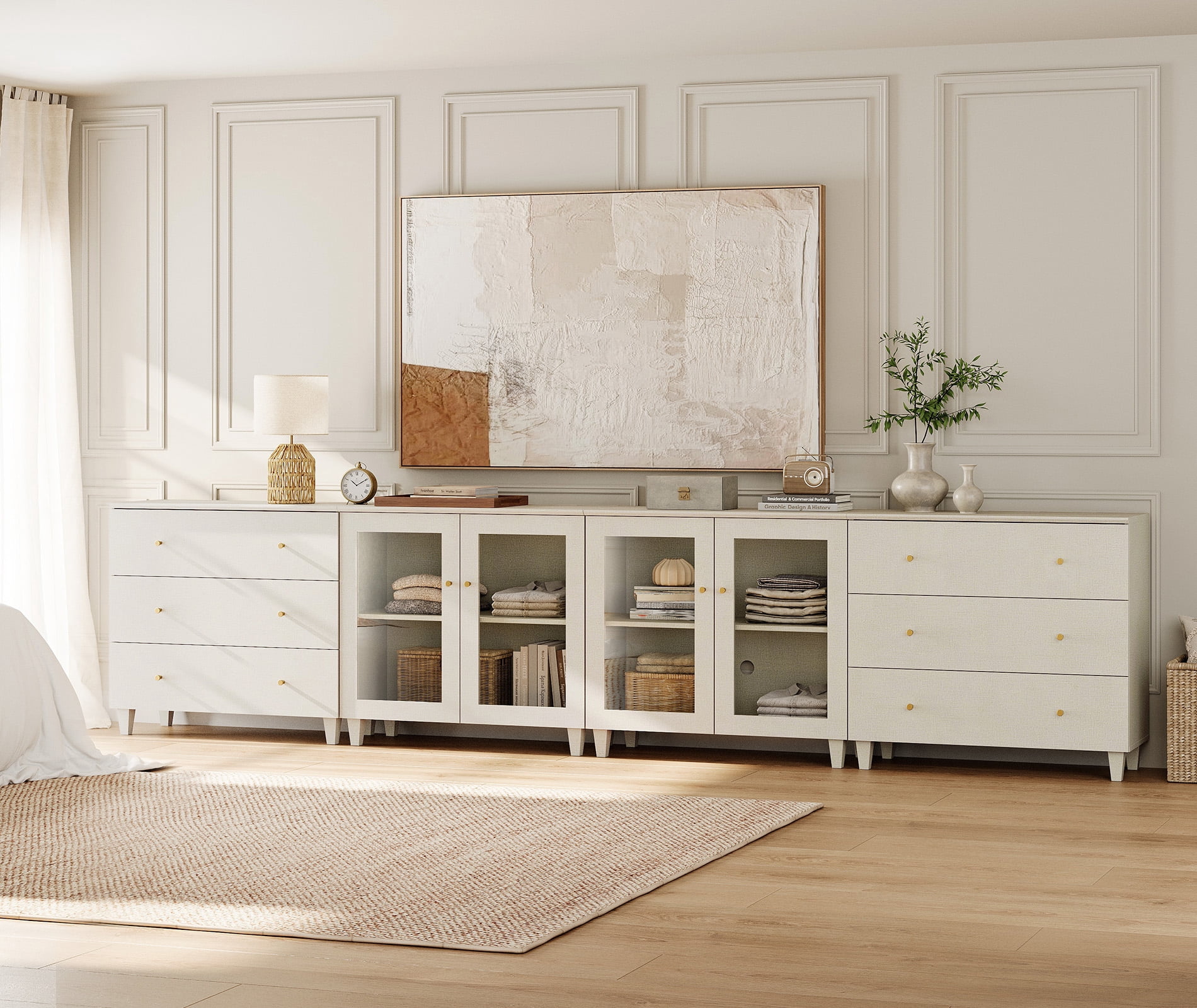 Modern Glass‑Door Combo Dresser, Bedroom Modular Organizer – 6 Wide Drawers, 2 Adjustable Shelves, Anti‑Tip, Beige, 142" W
