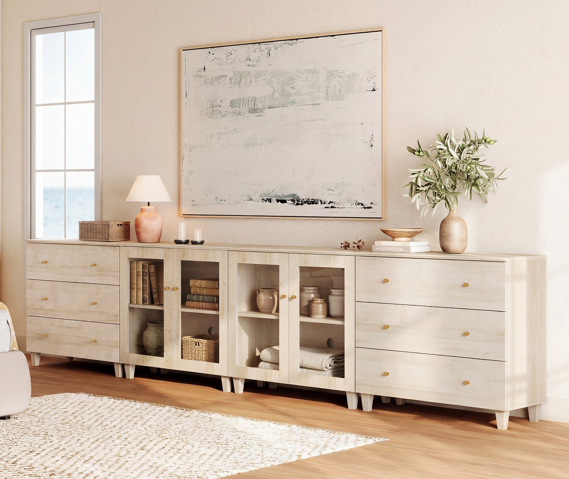 Modern Glass‑Door Combo Dresser, Bedroom Modular Organizer – 6 Wide Drawers, 2 Adjustable Shelves, Anti‑Tip, Light Oak, 142" W