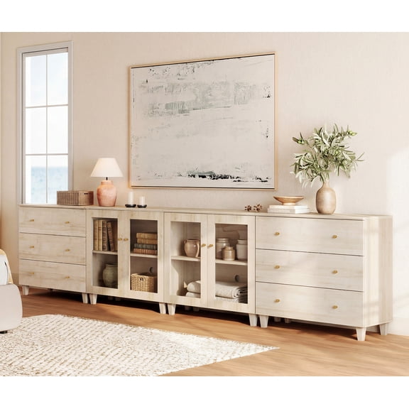 Modern Glass‑Door Combo Dresser, Bedroom Modular Organizer – 6 Wide Drawers, 2 Adjustable Shelves, Anti‑Tip, Light Oak, 142" W