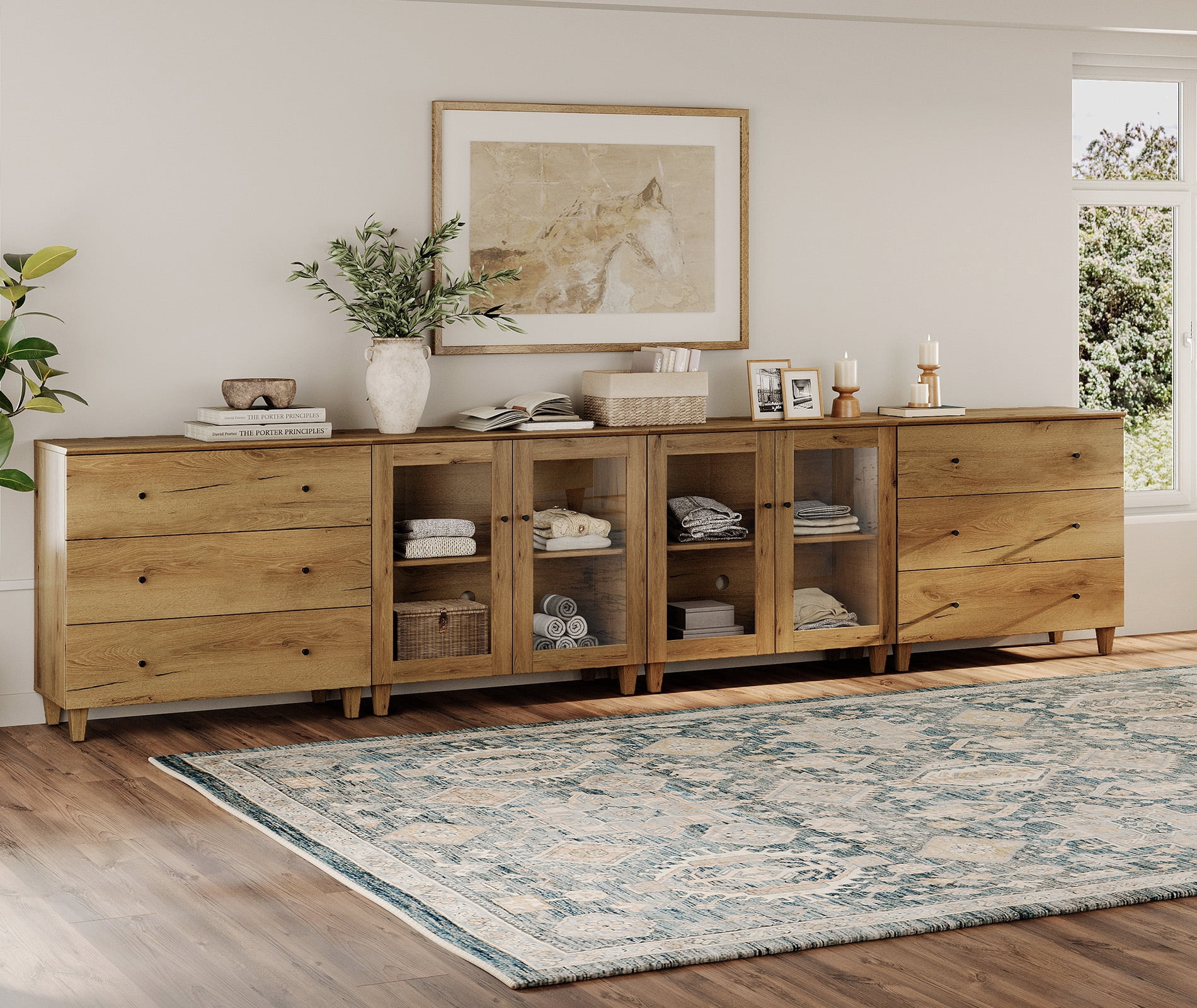 Modern Glass‑Door Combo Dresser, Bedroom Modular Organizer – 6 Wide Drawers, 2 Adjustable Shelves, Anti‑Tip, Oak Brown, 142" W