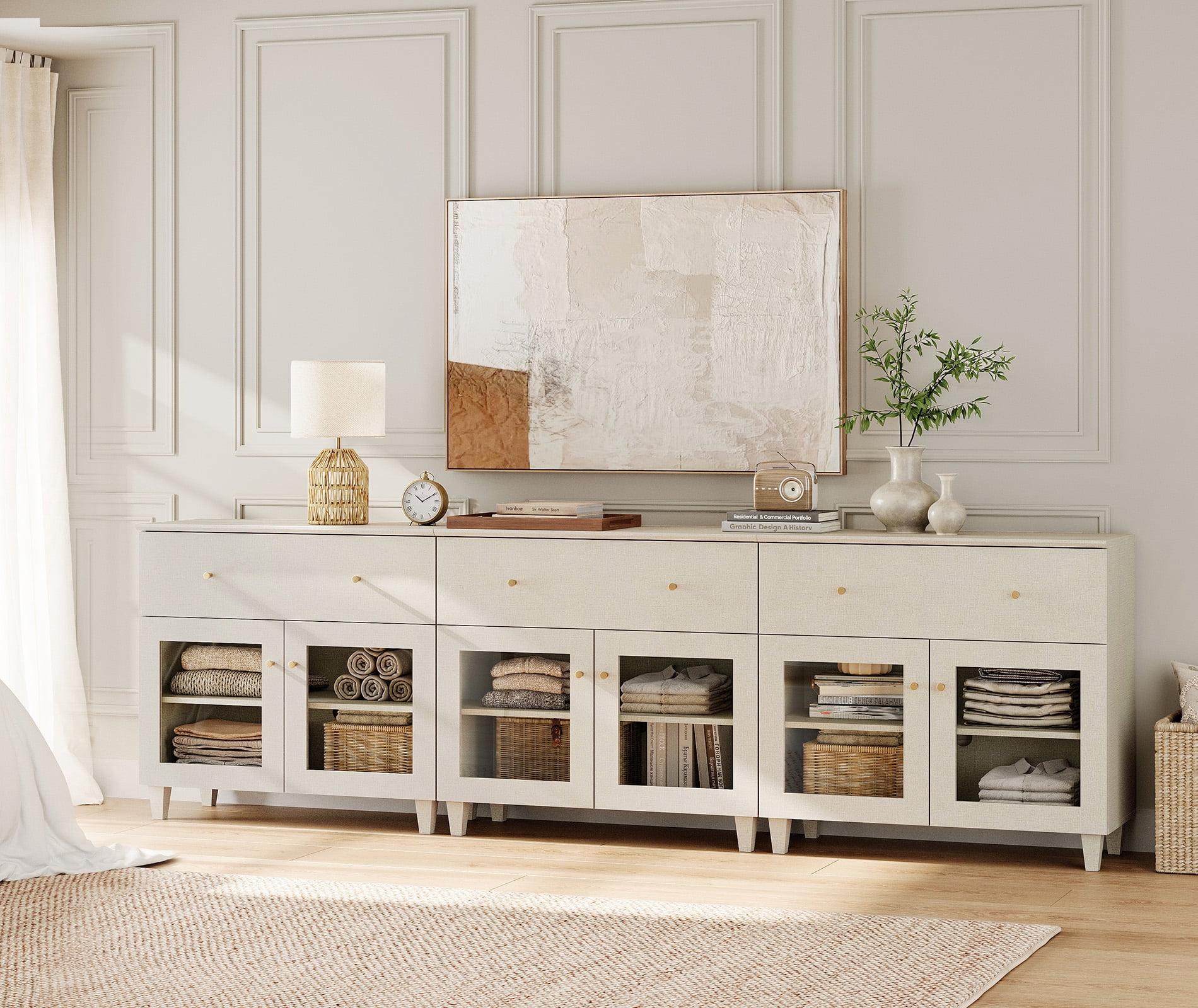 Modern Glass‑door Dresser Cabinet, Bedroom Organizer – Wide Drawer, Fixed Shelf, Anti‑Tip, Beige, 106" W