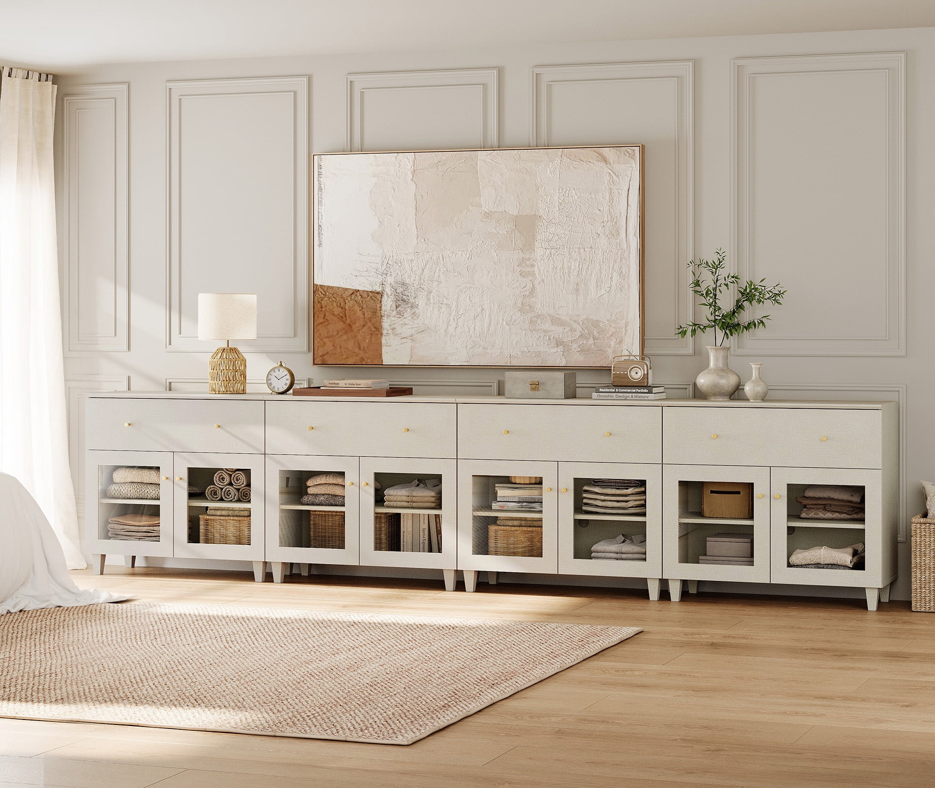 Modern Glass‑Door Dresser Cabinet, Bedroom Organizer – Wide Drawer, Fixed Shelf, Anti‑Tip, Beige, 142" W