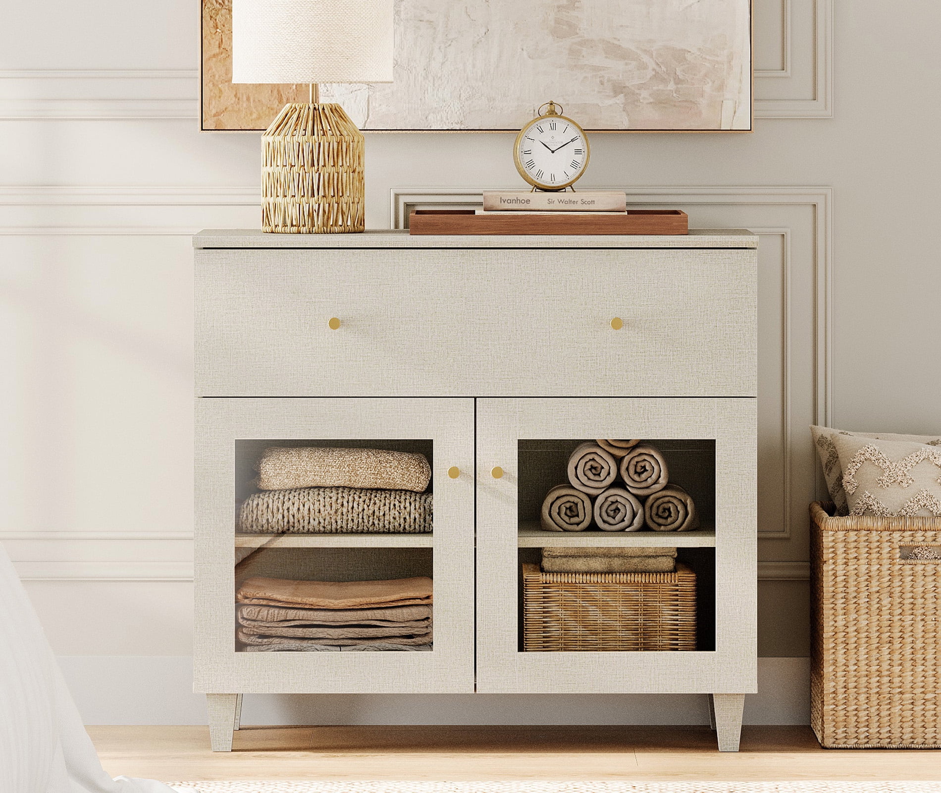 Modern Glass‑Door Dresser Cabinet, Bedroom Organizer – Wide Drawer, Fixed Shelf, Anti‑Tip, Beige, 35" W