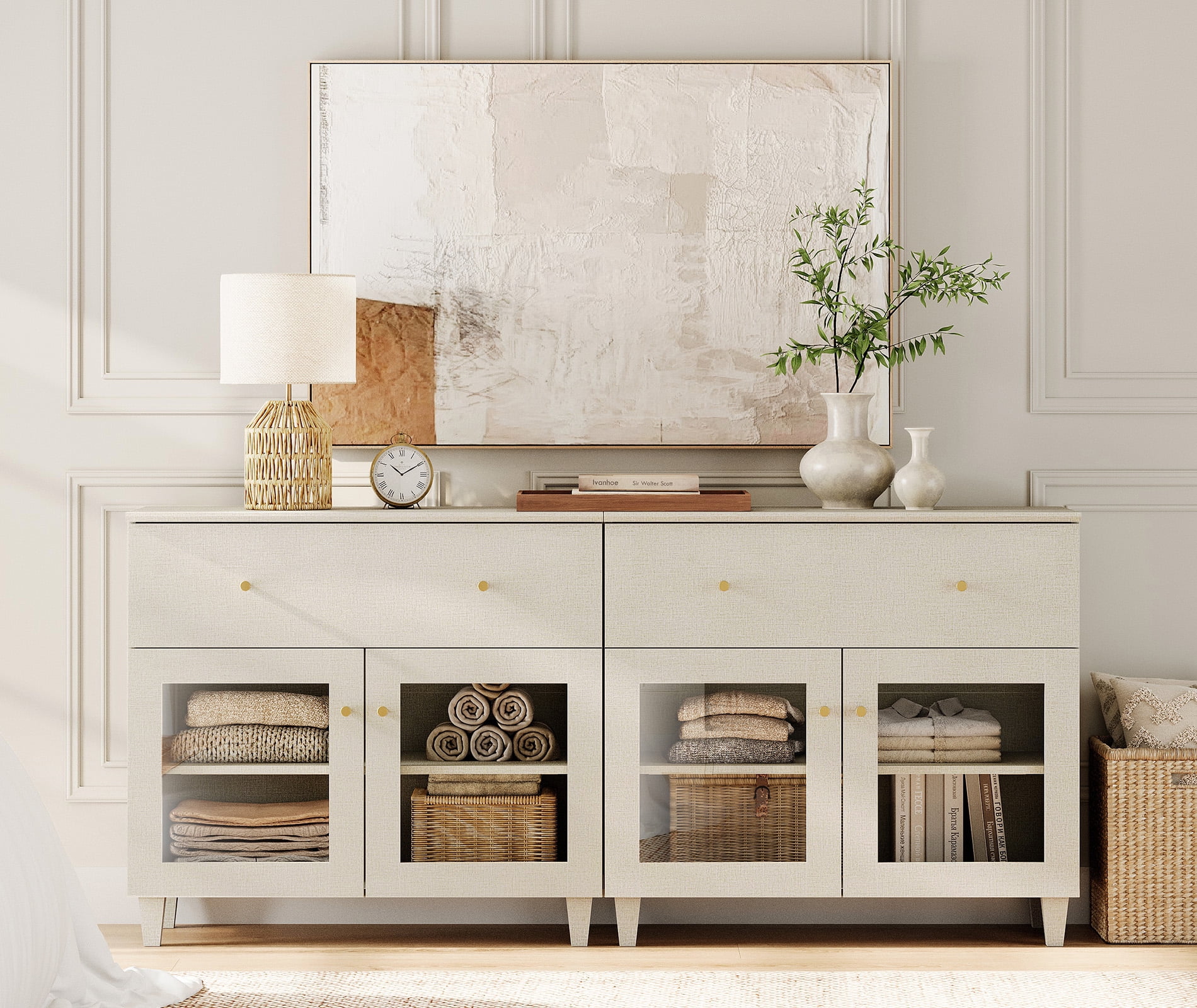 Modern Glass‑Door Dresser Cabinet, Bedroom Organizer – Wide Drawer, Fixed Shelf, Anti‑Tip, Beige, 71" W