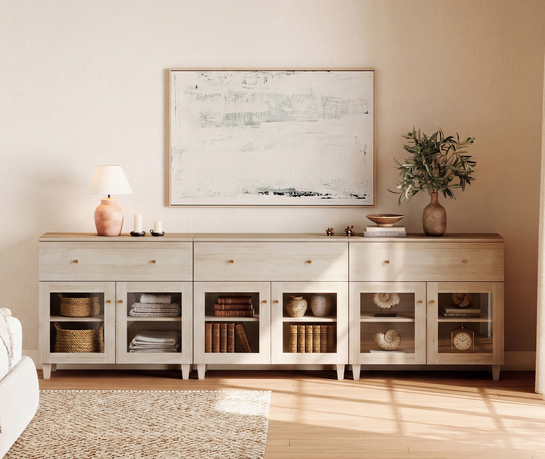 Modern Glass‑Door Dresser Cabinet, Bedroom Organizer – Wide Drawer, Fixed Shelf, Anti‑Tip, Light Oak, 106" W