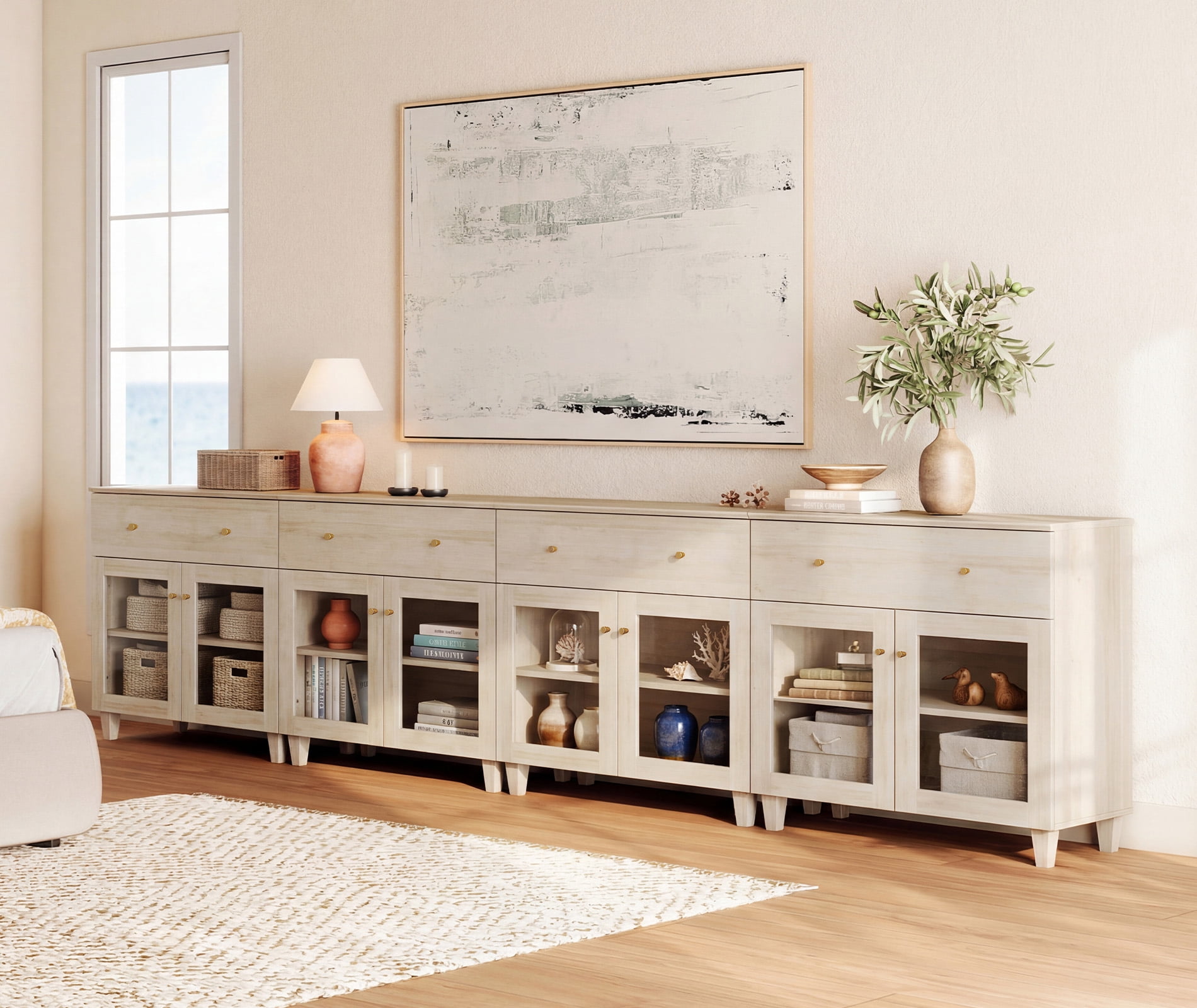 Modern Glass‑Door Dresser Cabinet, Bedroom Organizer – Wide Drawer, Fixed Shelf, Anti‑Tip, Light Oak, 142" W