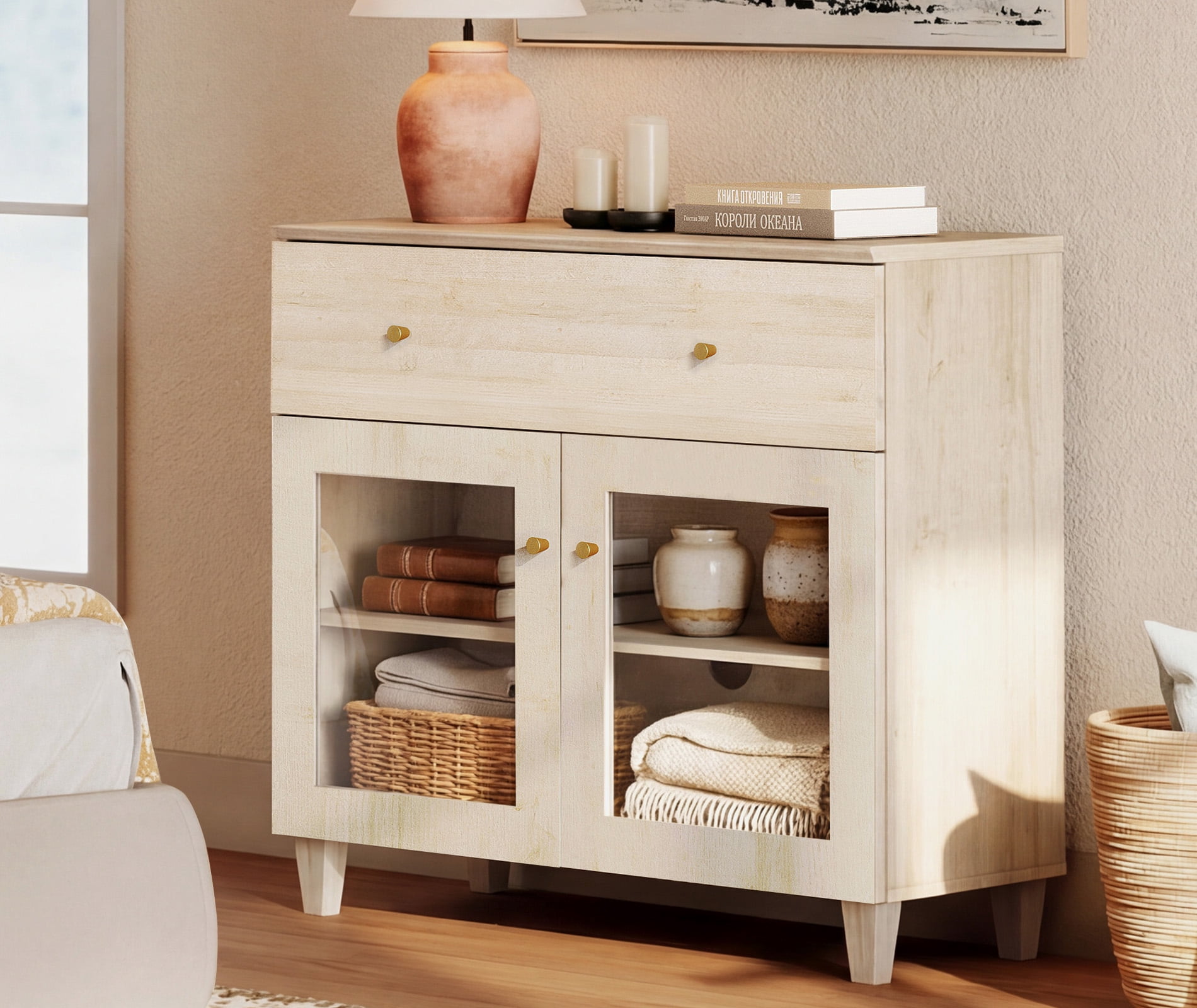 Modern Glass‑Door Dresser Cabinet, Bedroom Organizer – Wide Drawer, Fixed Shelf, Anti‑Tip, Light Oak, 35" W