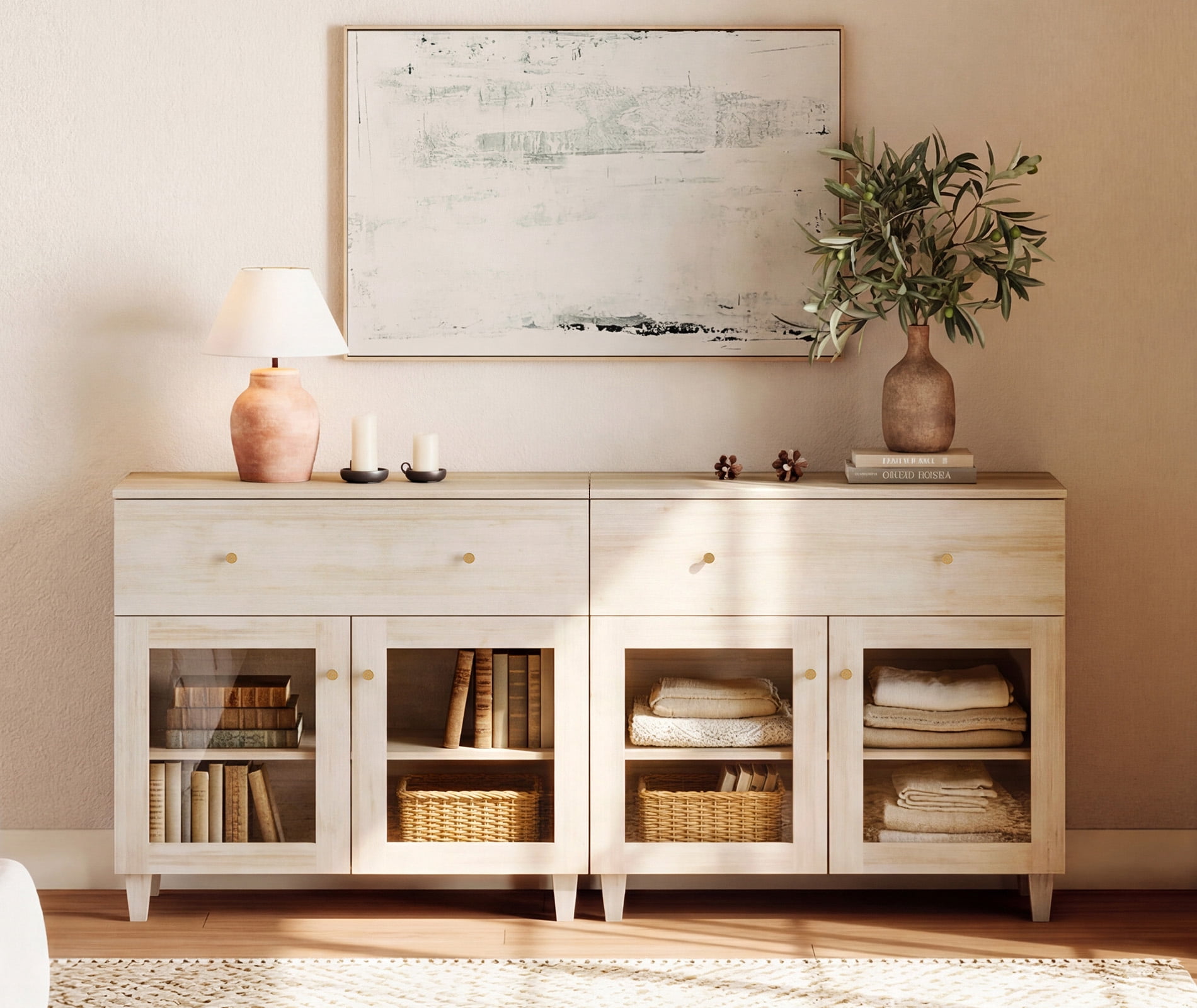 Modern Glass‑Door Dresser Cabinet, Bedroom Organizer – Wide Drawer, Fixed Shelf, Anti‑Tip, Light Oak, 71" W