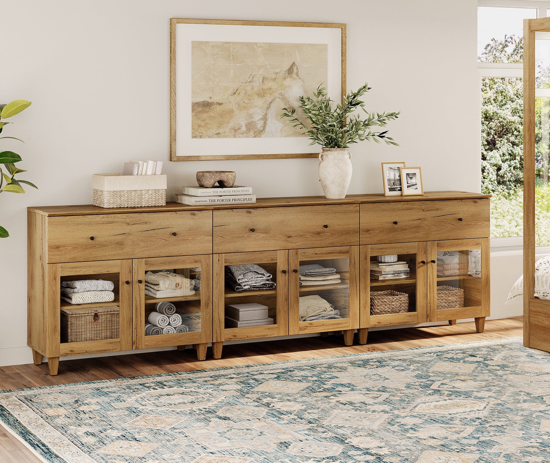 Modern Glass‑Door Dresser Cabinet, Bedroom Organizer – Wide Drawer, Fixed Shelf, Anti‑Tip, Oak Brown, 106" W