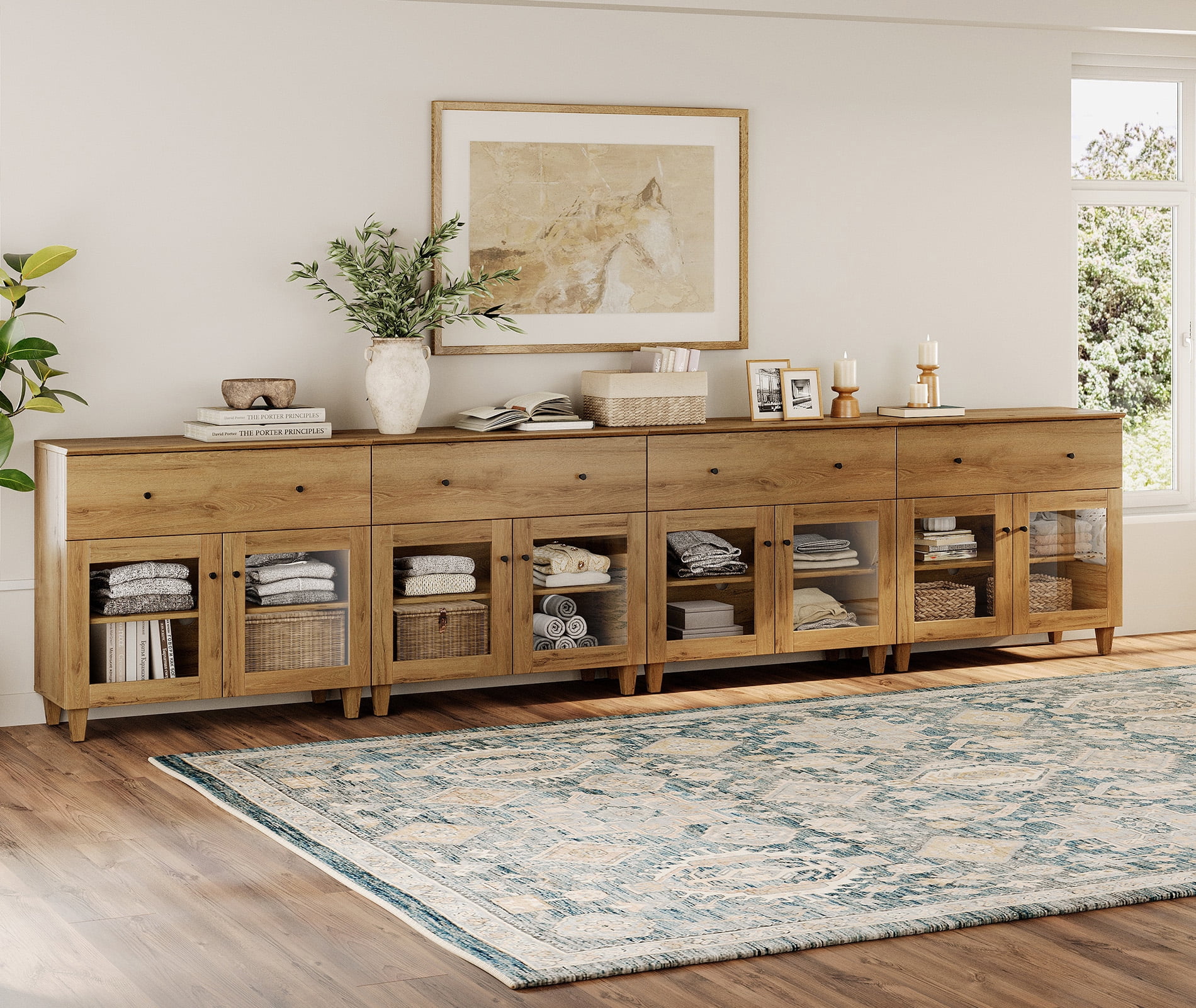Modern Glass‑Door Dresser Cabinet, Bedroom Organizer – Wide Drawer, Fixed Shelf, Anti‑Tip, Oak Brown, 142" W