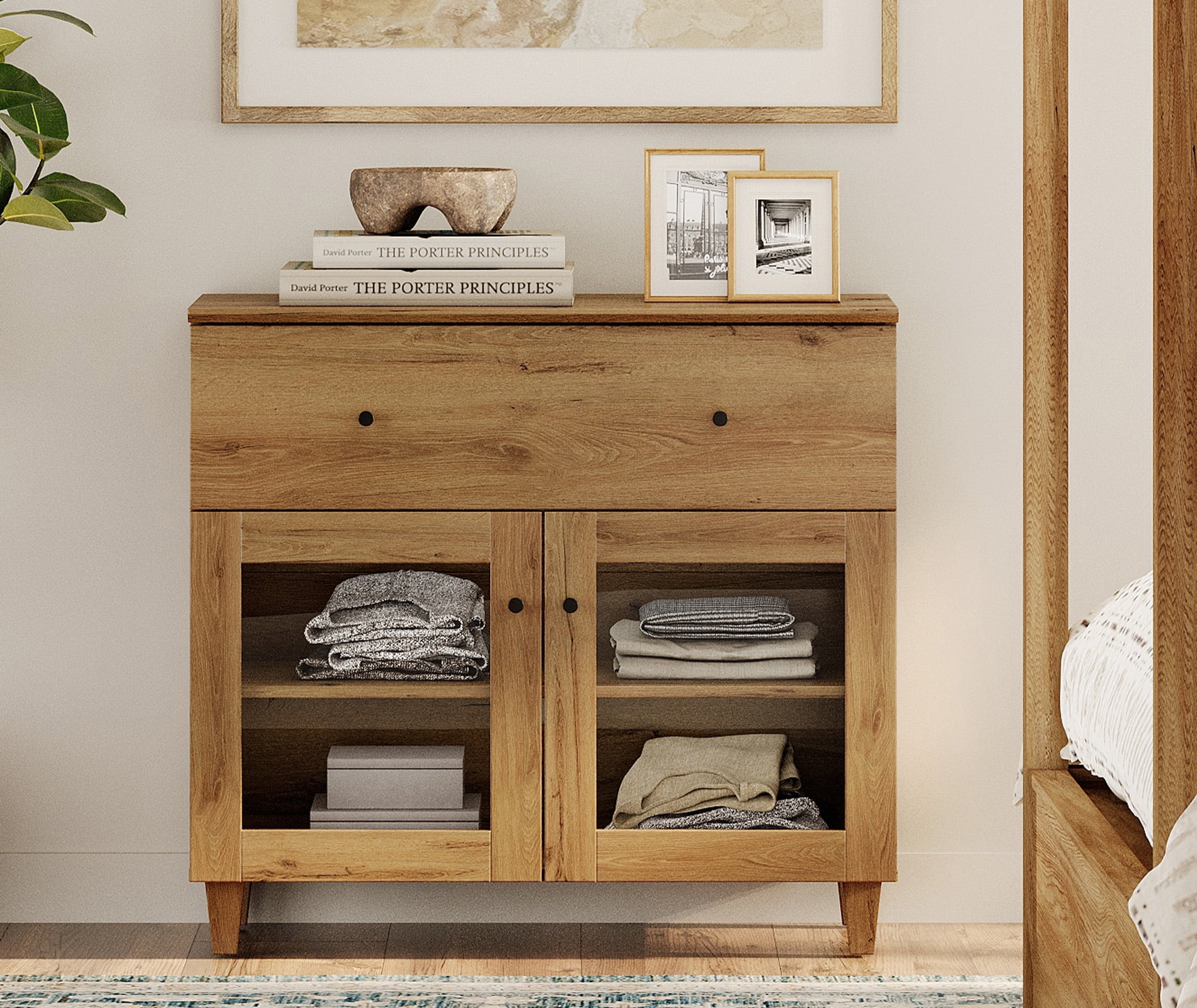 Modern Glass‑Door Dresser Cabinet, Bedroom Organizer – Wide Drawer, Fixed Shelf, Anti‑Tip, Oak Brown, 35" W