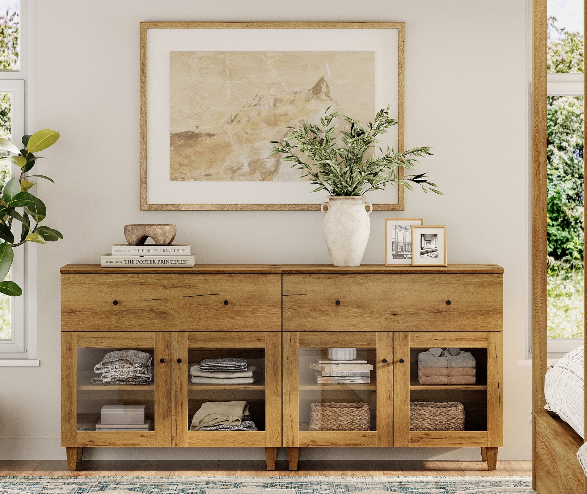 Modern Glass‑Door Dresser Cabinet, Bedroom Organizer – Wide Drawer, Fixed Shelf, Anti‑Tip, Oak Brown, 71" W