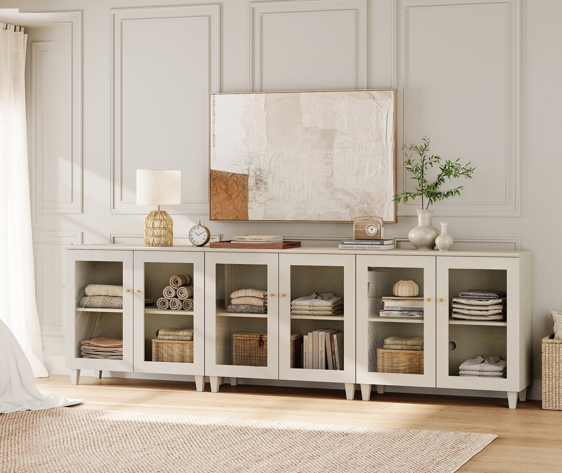 Modern Glass‑Door Storage Cabinet, Bedroom Organizer – Adjustable Shelves, Anti‑Tip, Beige, 106" W