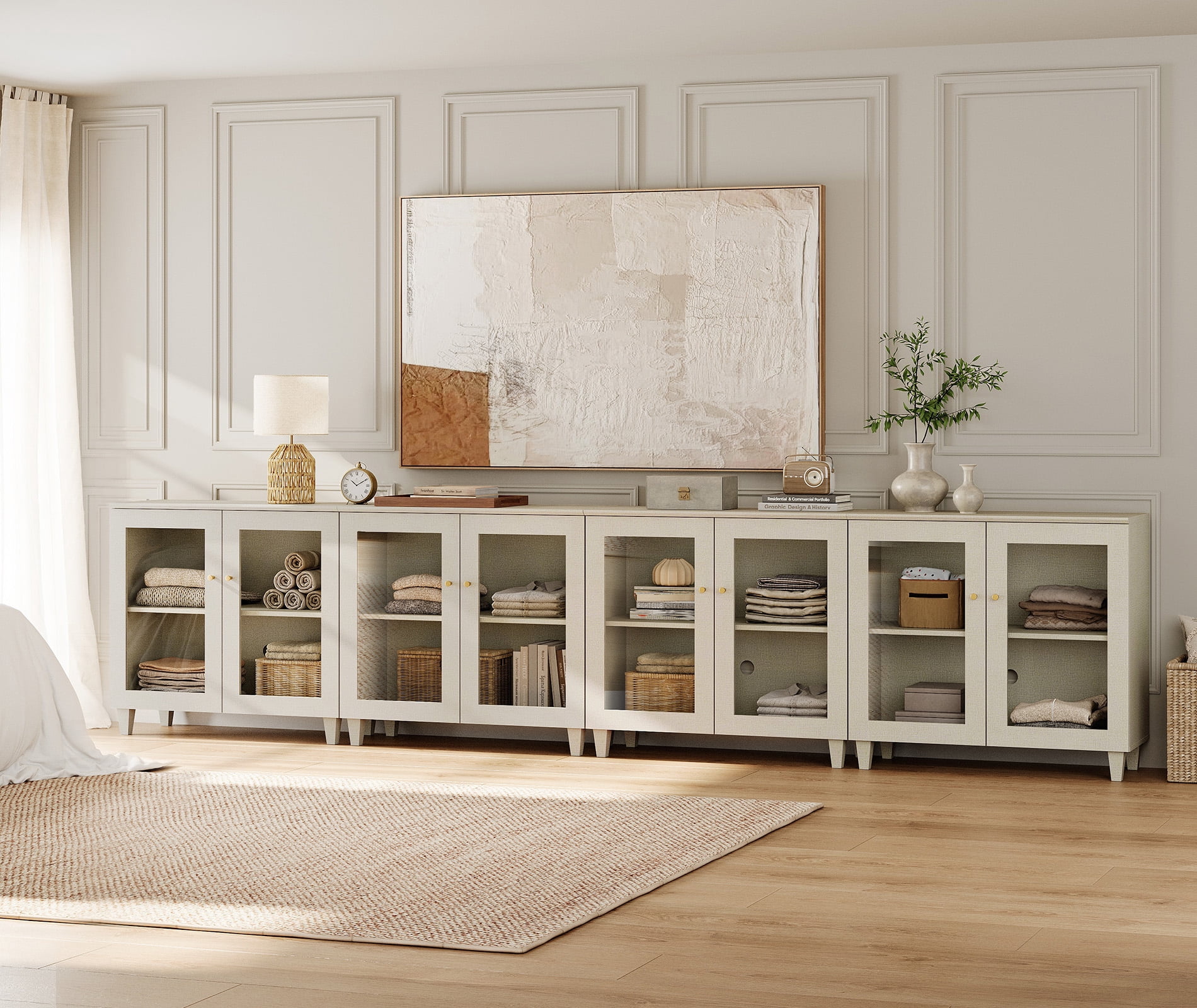 Modern Glass‑Door Storage Cabinet, Bedroom Organizer – Adjustable Shelves, Anti‑Tip, Beige, 142" W