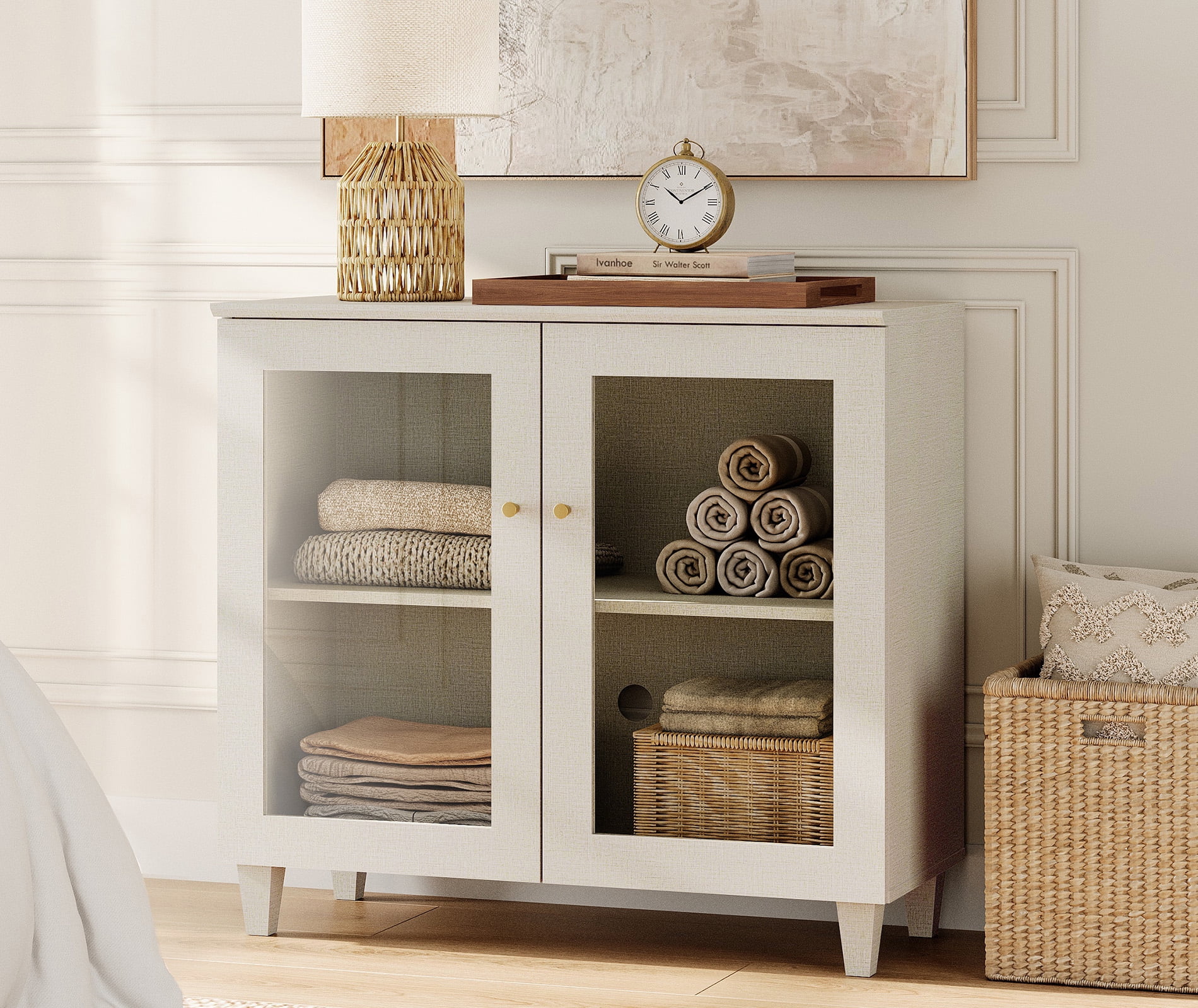 Modern Glass‑Door Storage Cabinet, Bedroom Organizer – Adjustable Shelves, Anti‑Tip, Beige, 35" W