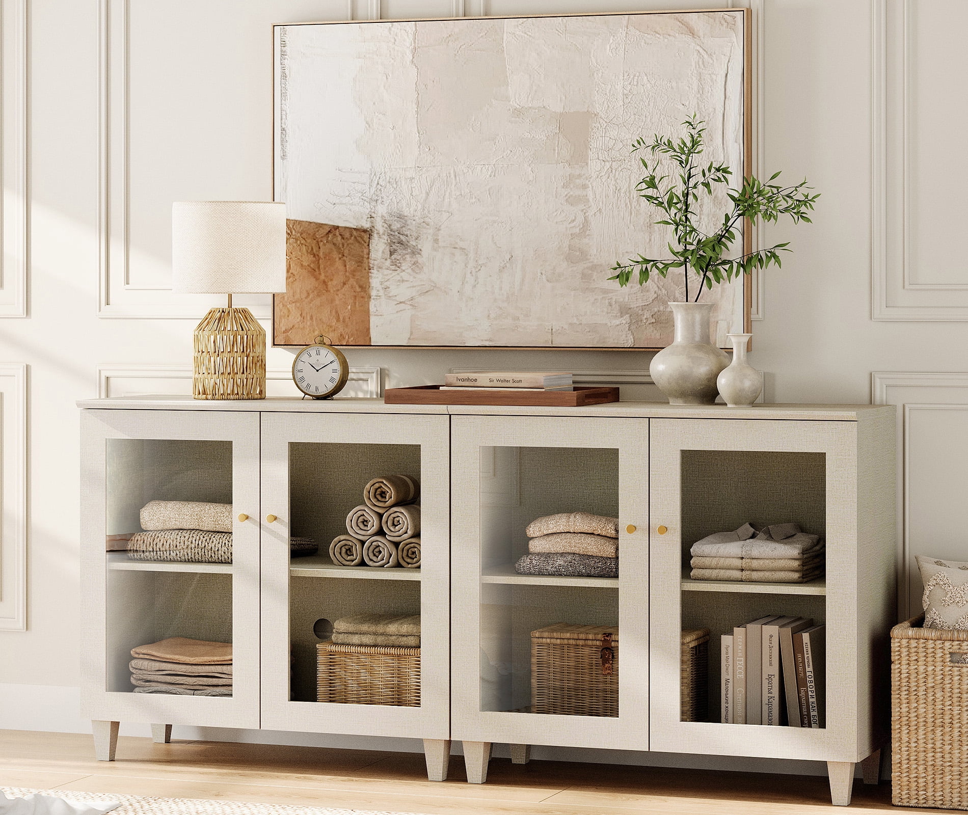 Modern Glass‑Door Storage Cabinet, Bedroom Organizer – Adjustable Shelves, Anti‑Tip, Beige, 71" W