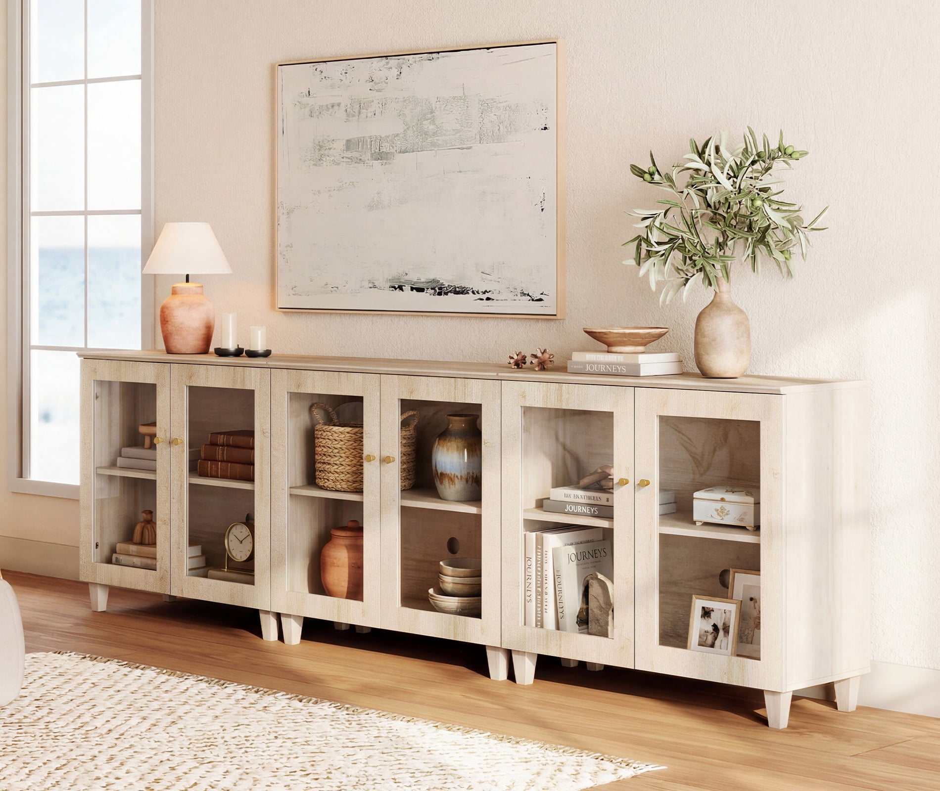 Modern Glass‑Door Storage Cabinet, Bedroom Organizer – Adjustable Shelves, Anti‑Tip, Light Oak, 106" W
