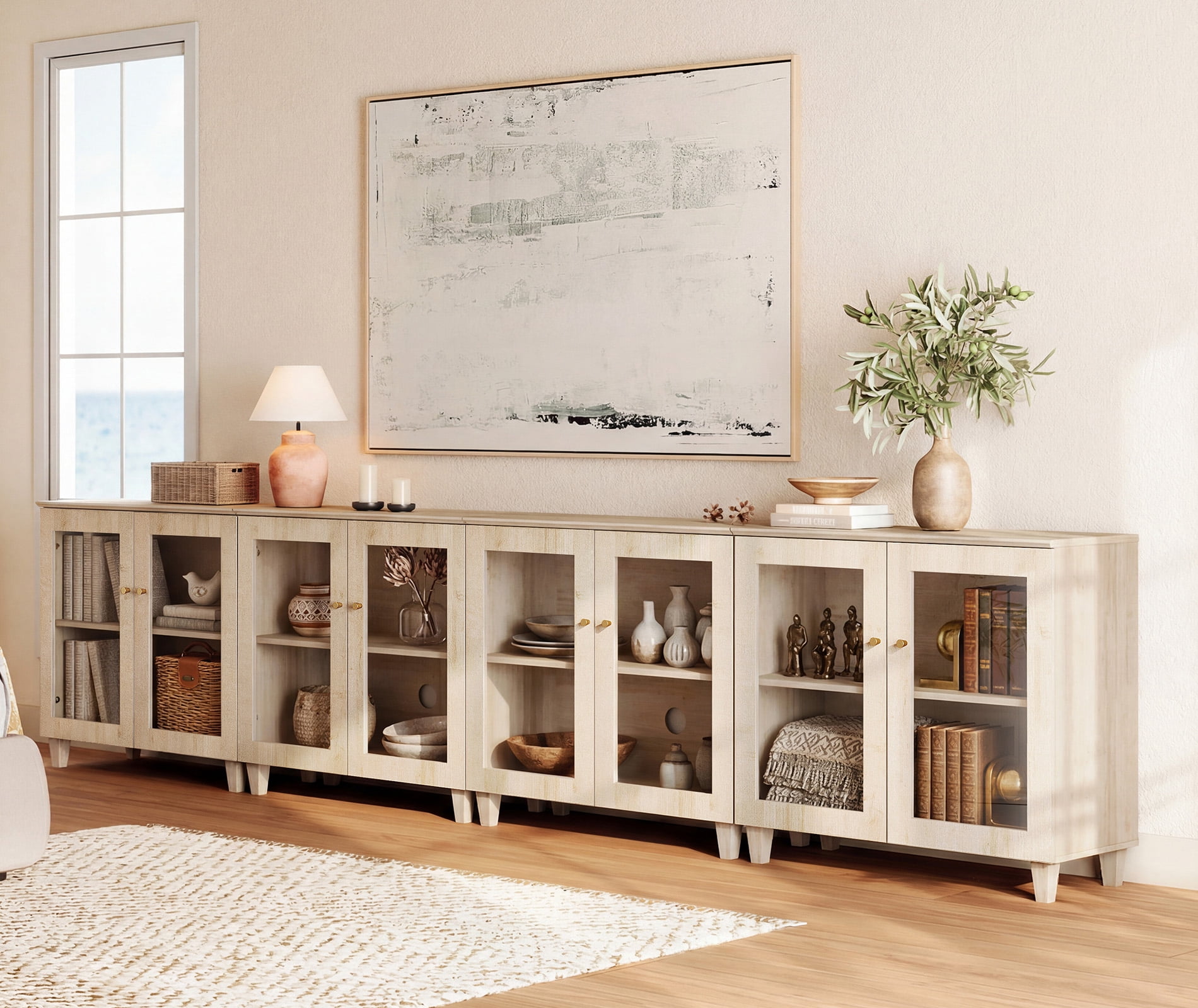 Modern Glass‑Door Storage Cabinet, Bedroom Organizer – Adjustable Shelves, Anti‑Tip, Light Oak, 142" W