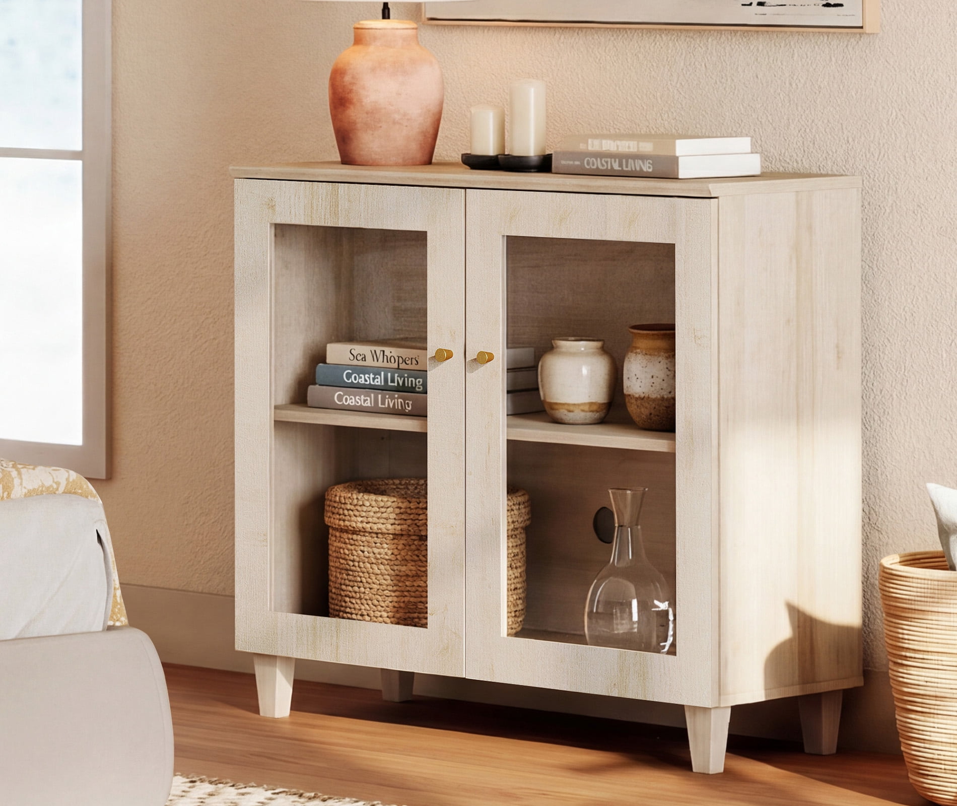 Modern Glass‑Door Storage Cabinet, Bedroom Organizer – Adjustable Shelves, Anti‑Tip, Light Oak, 35" W