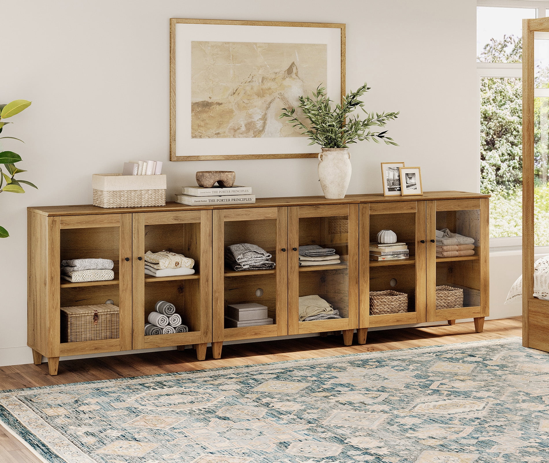Modern Glass‑Door Storage Cabinet, Bedroom Organizer – Adjustable Shelves, Anti‑Tip, Oak Brown, 106" W