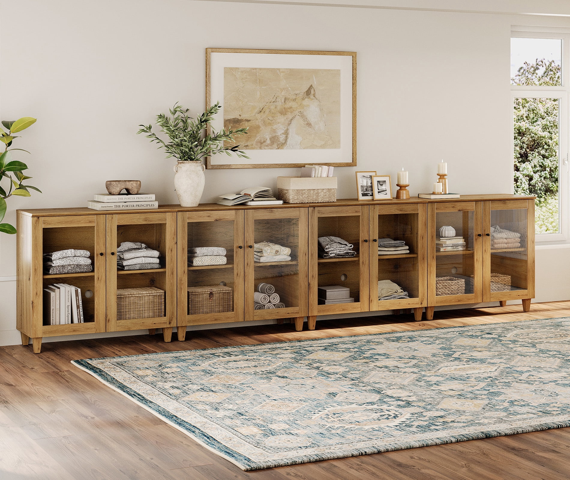 Modern Glass‑Door Storage Cabinet, Bedroom Organizer – Adjustable Shelves, Anti‑Tip, Oak Brown, 142" W