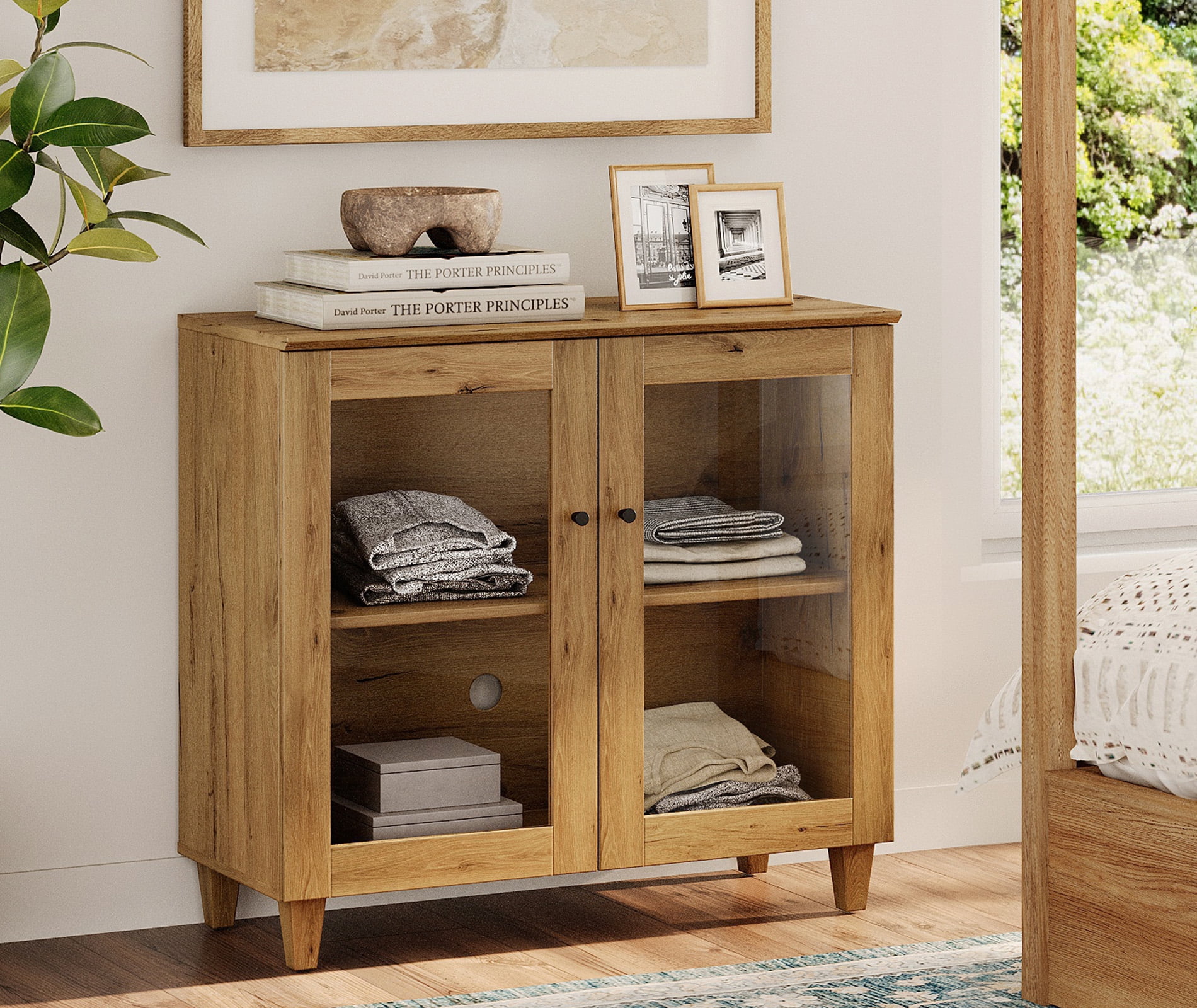 Modern Glass‑Door Storage Cabinet, Bedroom Organizer – Adjustable Shelves, Anti‑Tip, Oak Brown, 35" W