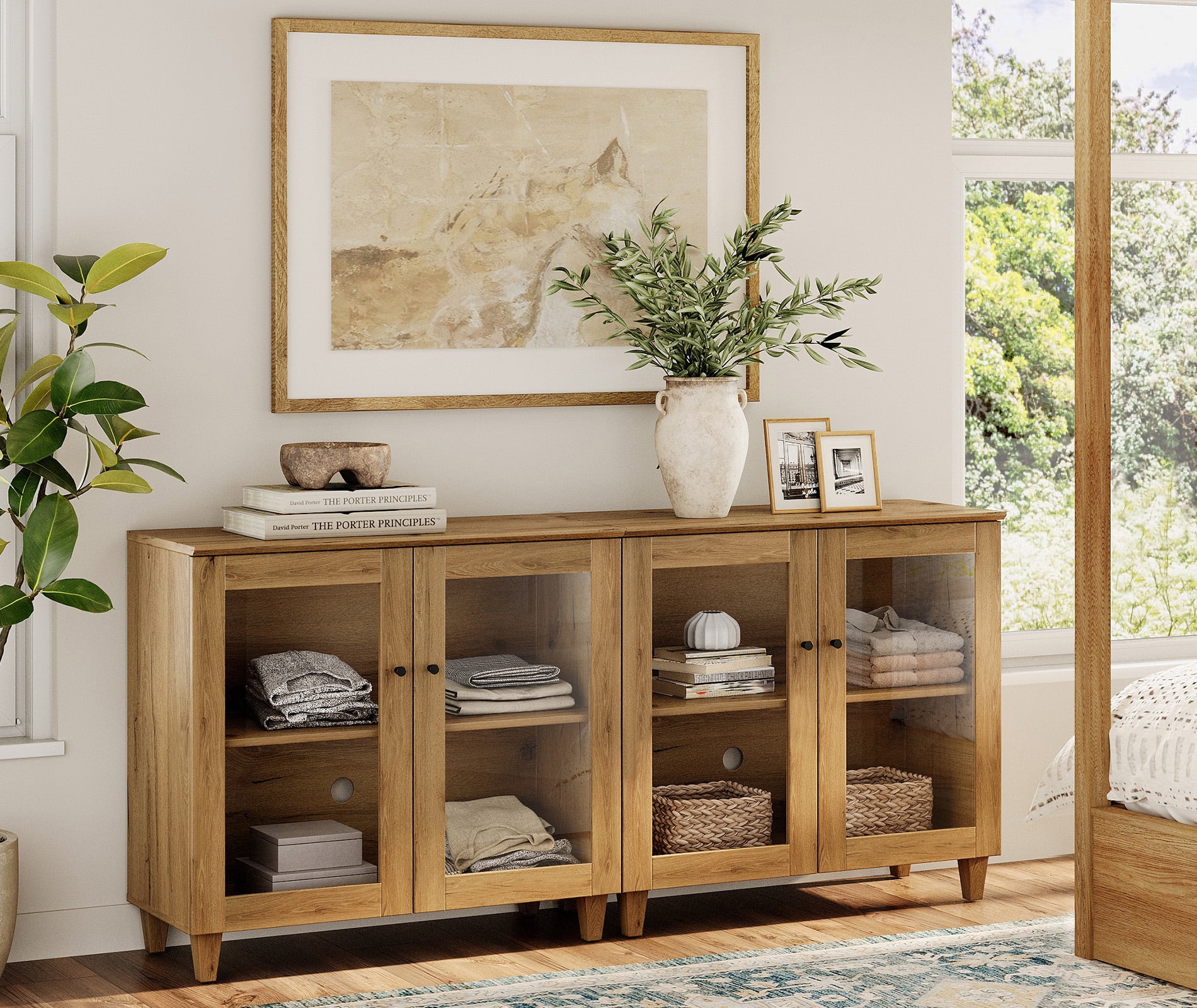 Modern Glass‑Door Storage Cabinet, Bedroom Organizer – Adjustable Shelves, Anti‑Tip, Oak Brown, 71" W