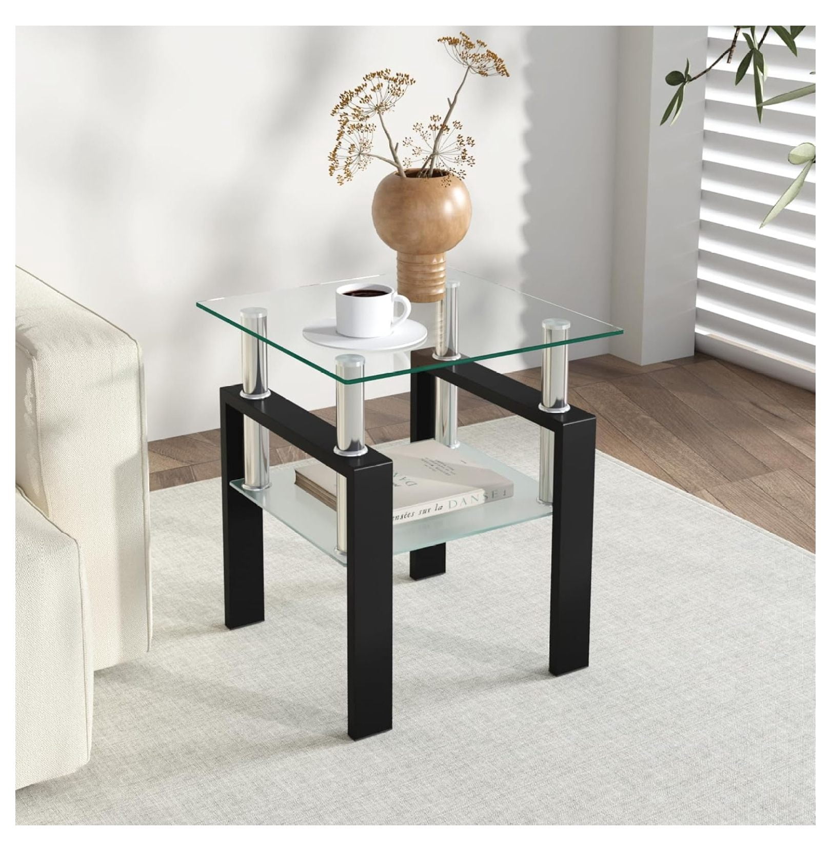 Modern Glass End Table, 2-Tier Side Table with Tempered Glass Top ...