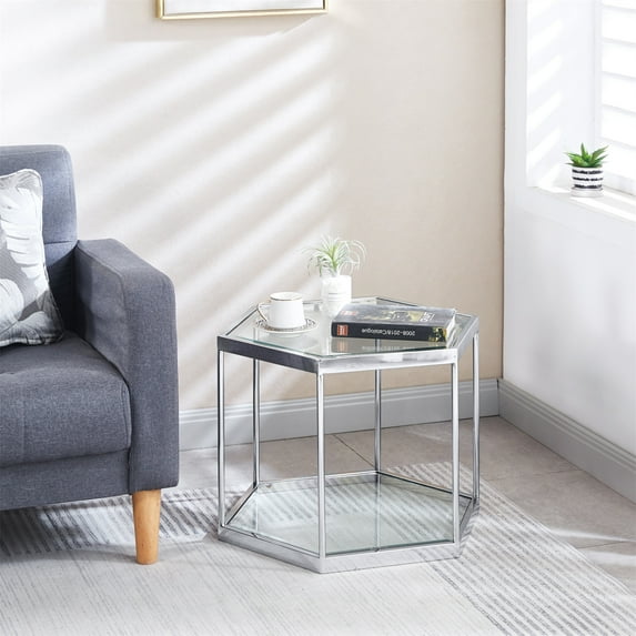 Modern Glass End Table, Small Hexagonal Table with Stainless Steel Frame, Accent Table Nightstand Furniture Corner Table for Living Room, Home Office, Silver