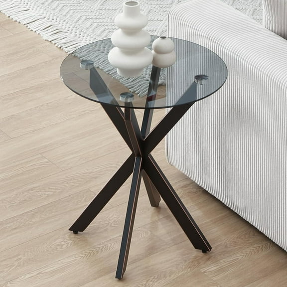 Modern Glass End Table, Small Round Side Table for Couch, Sofa Table with Grey Tempered Glass Top for Living Room, Bedroom, Bedside, 19.7" Wx21.7 H Black