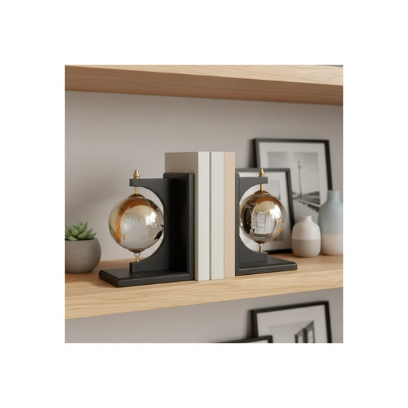 Modern Glass Globe Bookends with Wood Base - Decorative Book Accessories and Home Library Shelf Decor - Sculptural Book Ends for Stylish Bookshelf, Office Accent, or Desk Decor - Set of 2, 9", Black