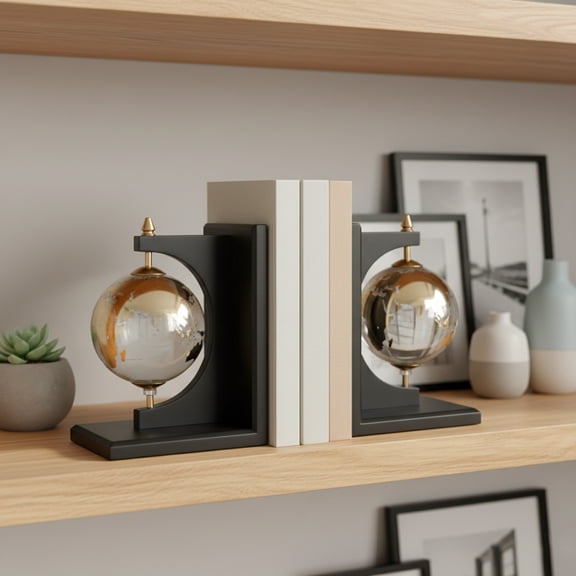 Decorative Glass Globe Bookends for Home Decor - Modern Book Ends for Home Library, Office Desk, and Shelf Accent - Book Accessories for Living Room and Bedroom Styling - Set of 2, 9", Black