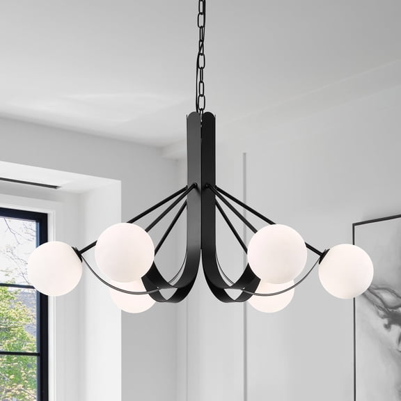 Modern Glass Globes Chandelier with Chain 33in Frosted Glass Kitchen Chandeliers Sputnik Black Dining Table Light Fixture 6 Light Mid-Century Chandeliers Light for Bedroom Entry Foyer