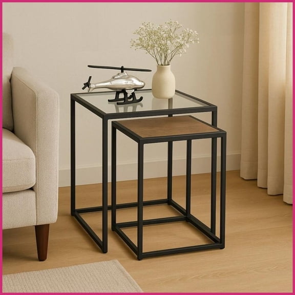 Modern Glass & Metal Nesting Coffee Table Pair Space-Saving & Easy-Clean for Living Room
