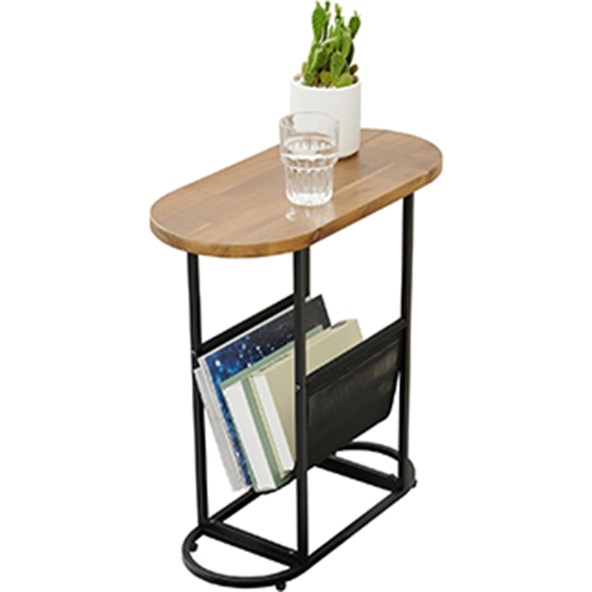 Compact Brown Metal and Wood Oval Side Table with Magazine Rack