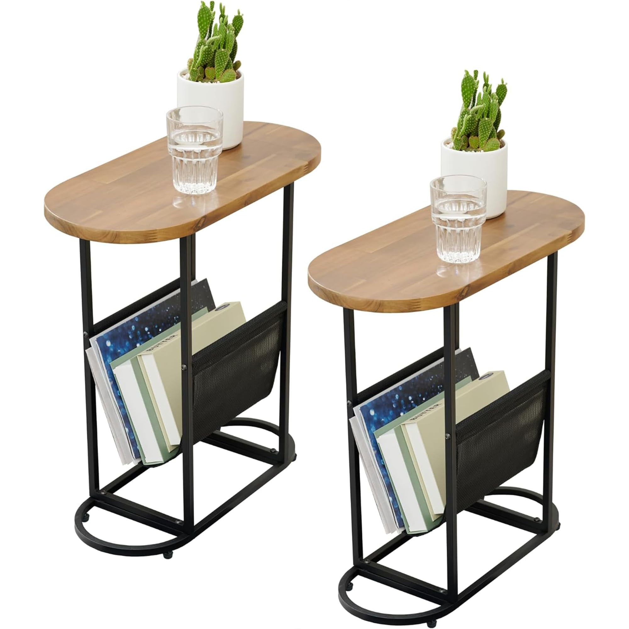 Compact Brown Metal and Wood Oval Side Table with Magazine Rack