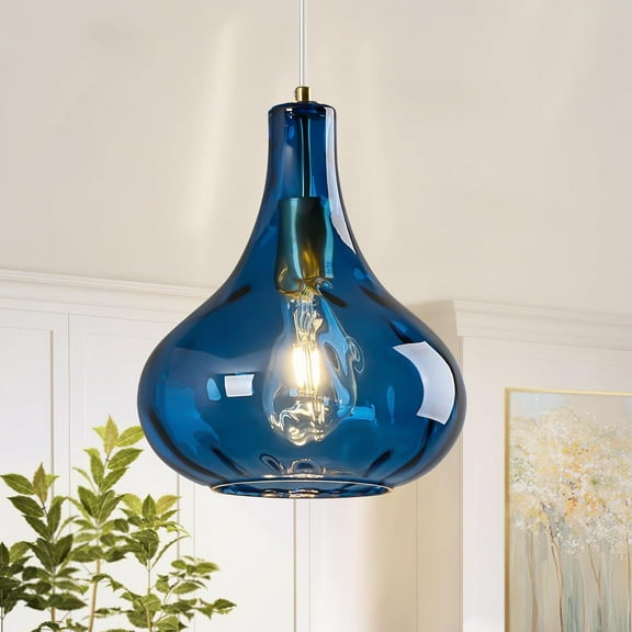 Modern Glass Pendant Light 9.44 in Blue Hammered Glass Shade Gold Farmhouse Island Pendant Lights for Kitchen Pendant Lighting Over Sink Bedroom Dining Room
