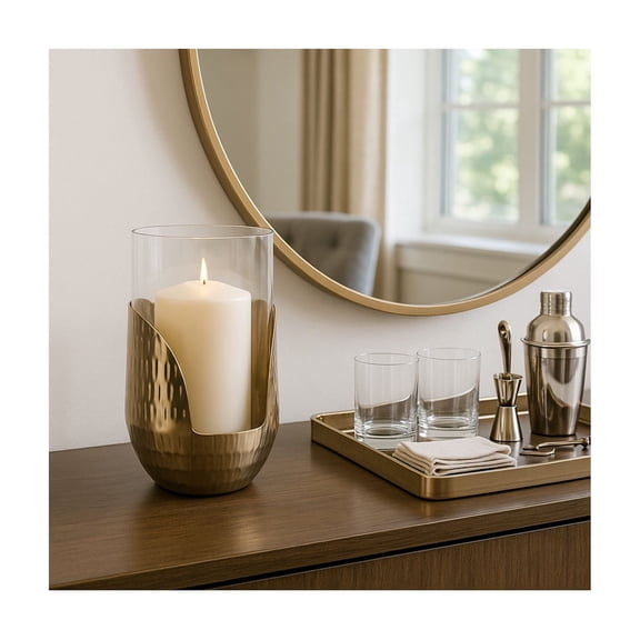 Modern Glass Pillar Hurricane Candle Holder with Metal Base - Decorative Home Accent for Living Room Decor - Candle Stick Holder Centerpieces for Tables, Entryway, or Console - 9", Gold & Clear